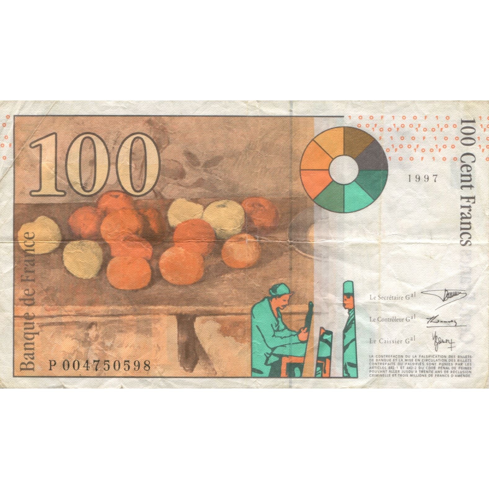 France, 100 Francs, Cézanne, 1997, 1997, VF(30-35), Fayette:F74.01, KM:158a