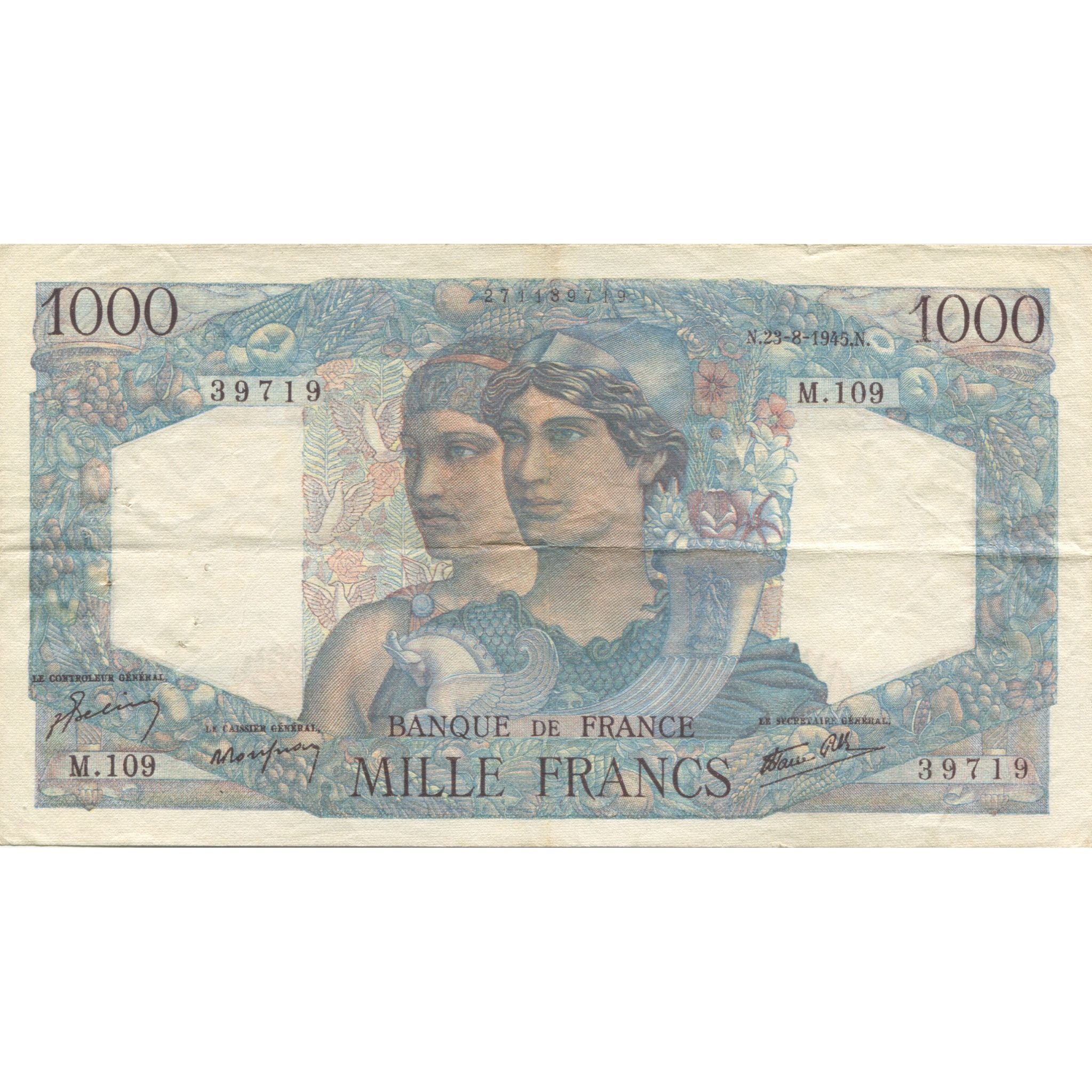 France, 1000 Francs, Minerve et Hercule, 1945, 1945-08-23, EF(40-45)