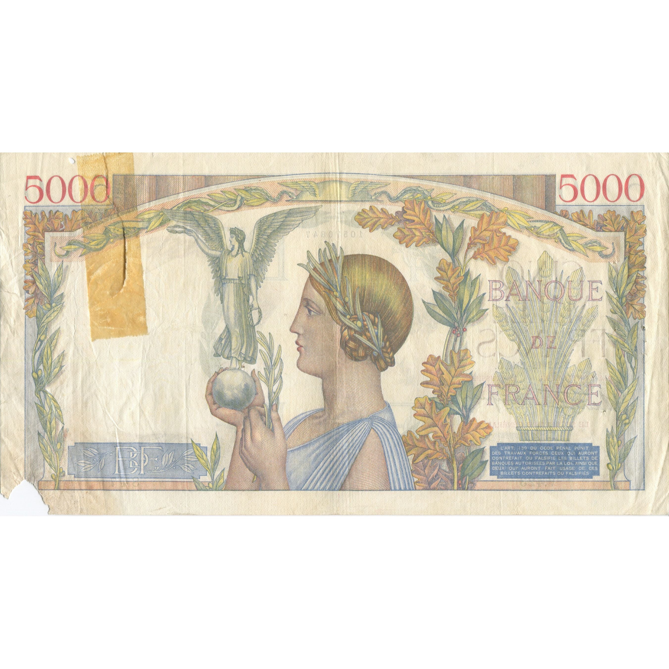 France, 5000 Francs, Victoire, 1940, 1940-12-12, AG(1-3), Fayette:46.16, KM:97b