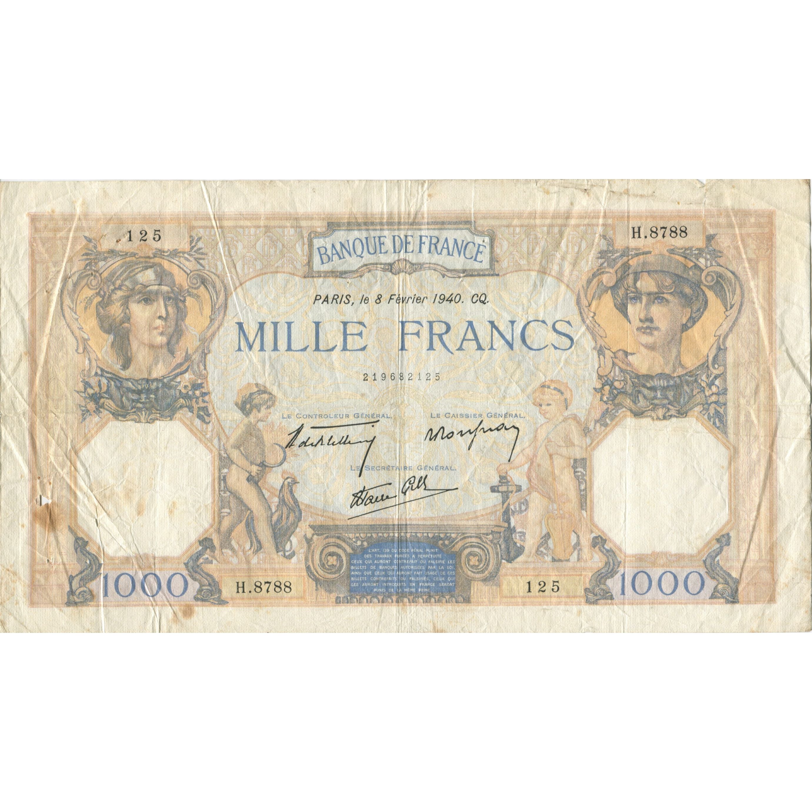 France, 1000 Francs, Cérès et Mercure, 1940, 1940-02-08, VG(8-10)