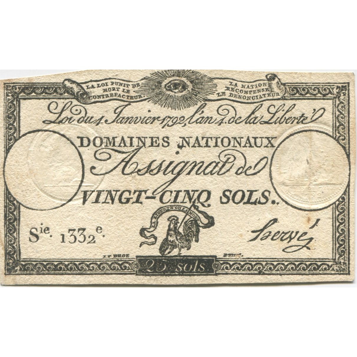 France, 25 Sols, 1792, Loi du 4 janvier 1792 - L'an quatrième de la Liberté