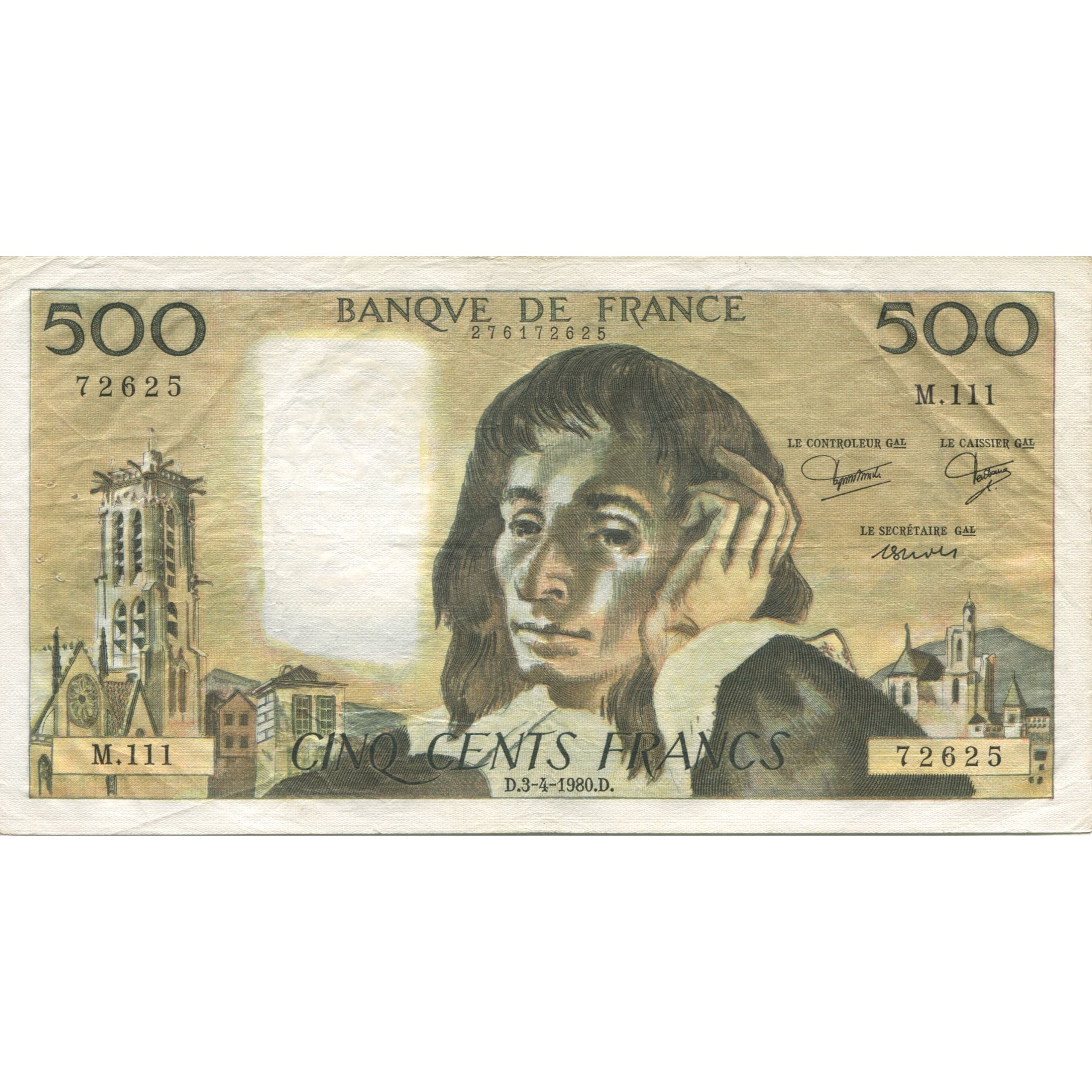 Francia, 500 Francs, Pascal, 1980, 1980-04-03, BB+, Fayette:71.21, KM:156e