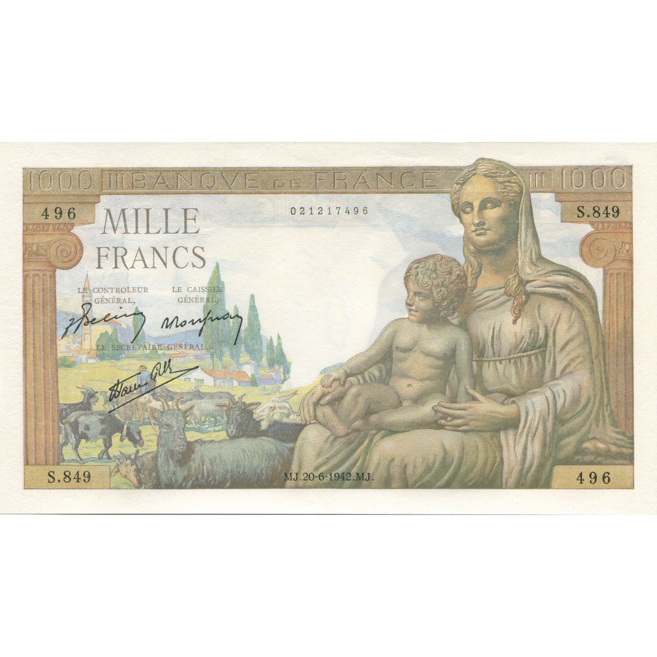 France, 1000 Francs, Déesse Déméter, 1942, 1942-06-20, NEUF, Fayette:40.3