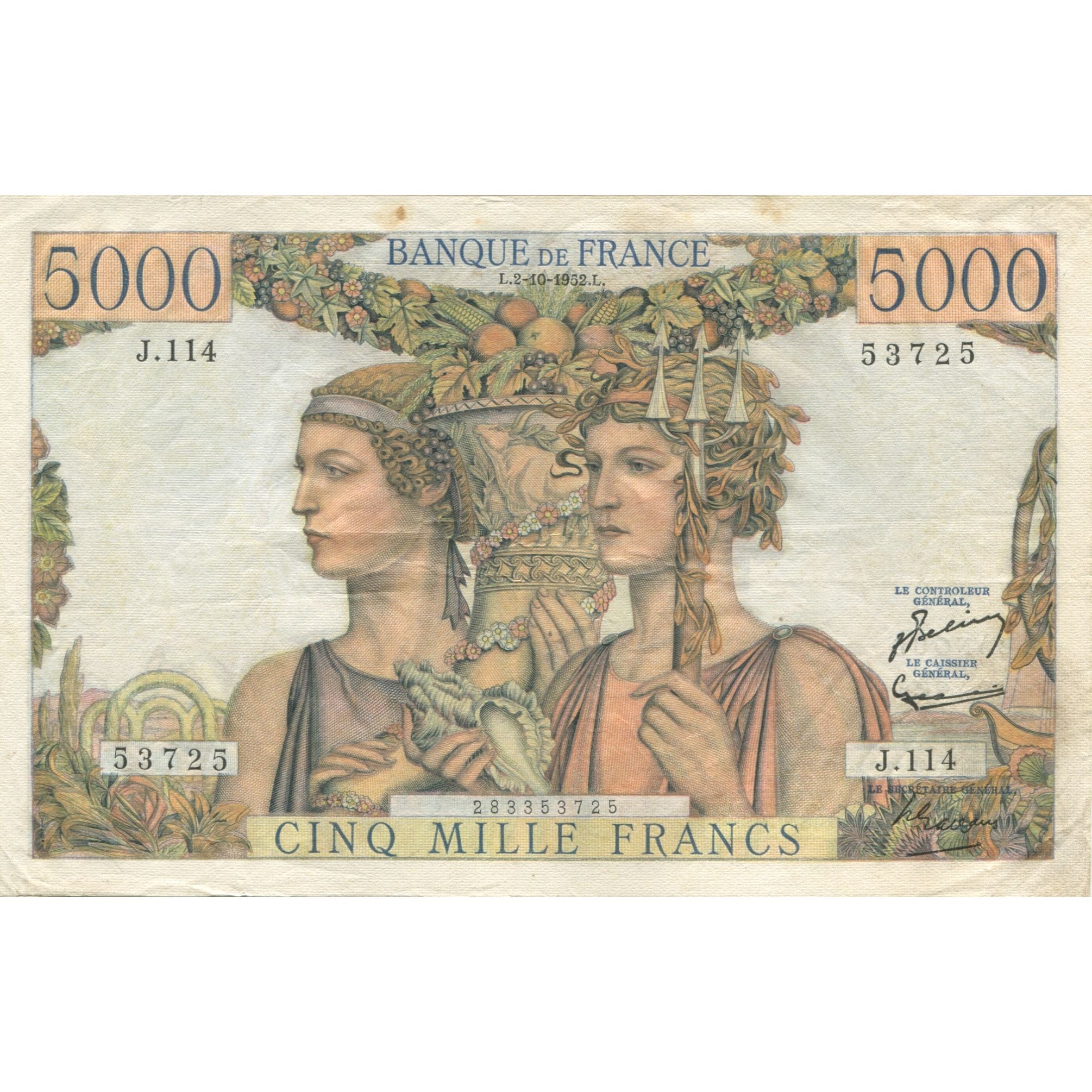 França, 5000 Francs, Terre et Mer, 1952, 1952-10-02, AU(50-53), Fayette:48.7