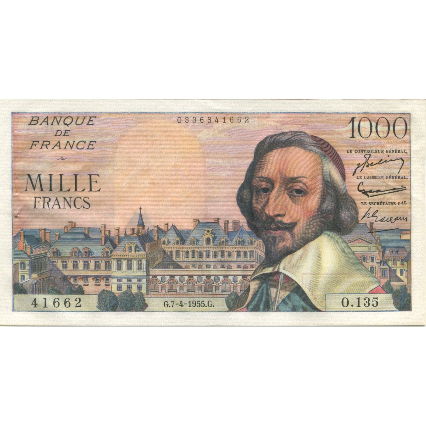Francja, 1000 Francs, Richelieu, 1955, 1955-04-07, UNC(63), Fayette:42.12
