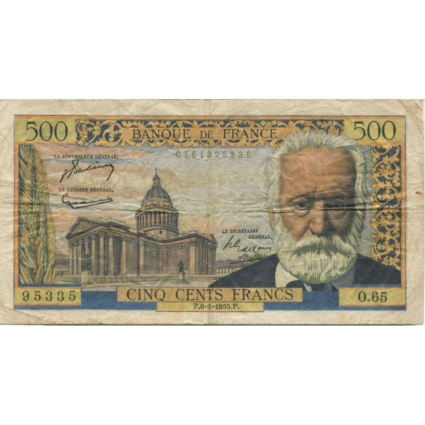 France, 500 Francs, Victor Hugo, 1955, 1955-01-06, VF(20-25), Fayette:35.4