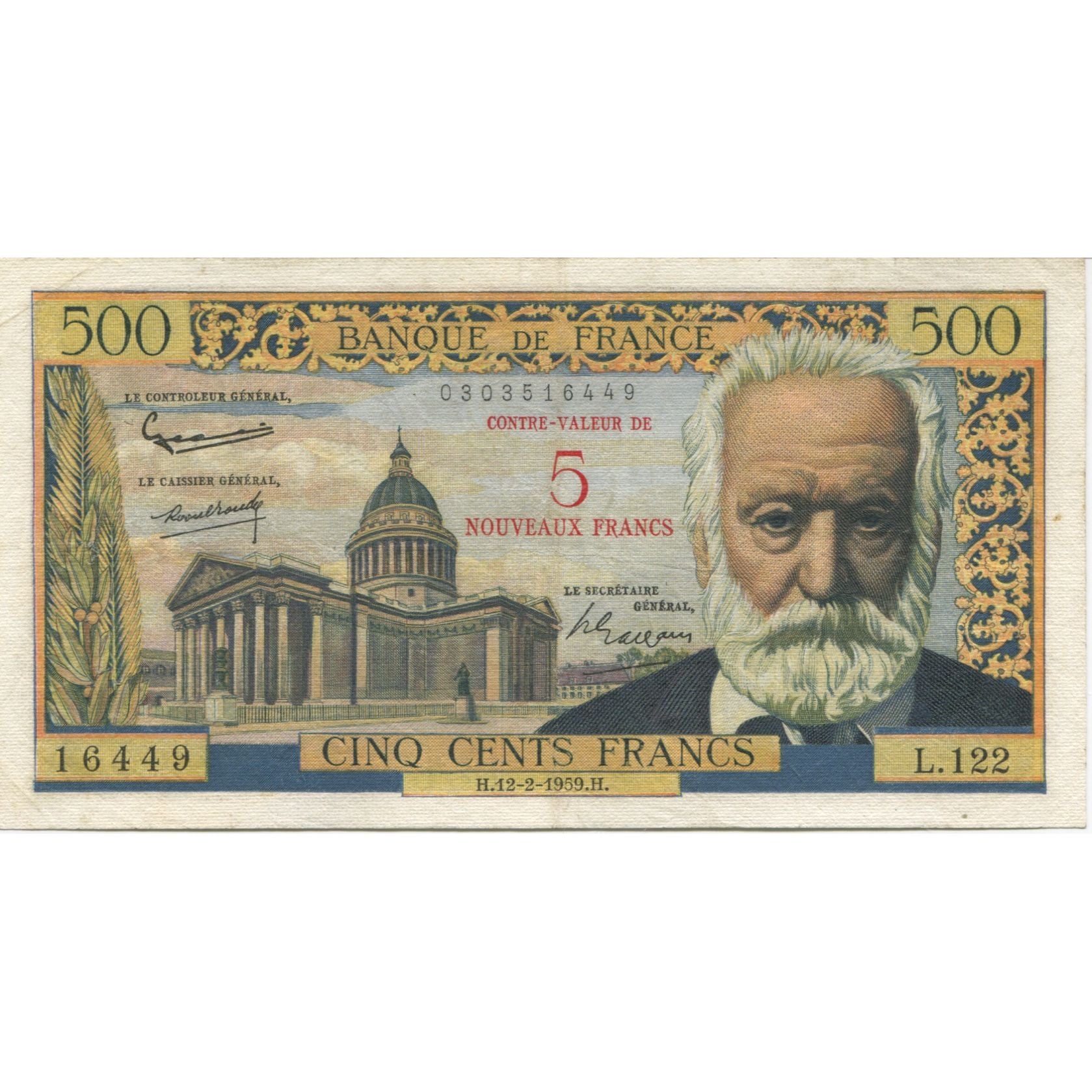 France, 5 Nouveaux Francs on 500 Francs, 1955-1959 Overprinted with ''Nouveaux