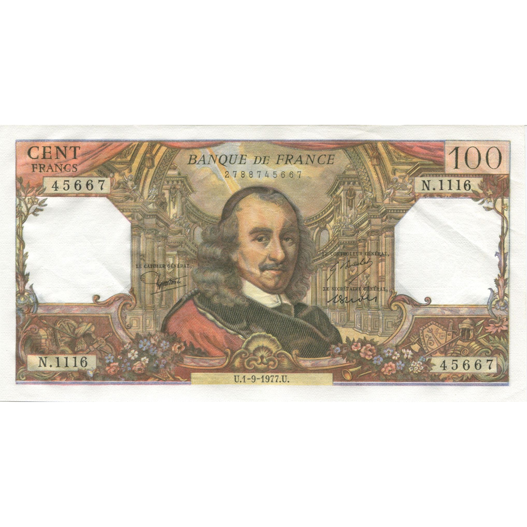 France, 100 Francs, Corneille, 1977, 1977-09-01, UNC(60-62), Fayette:65.59