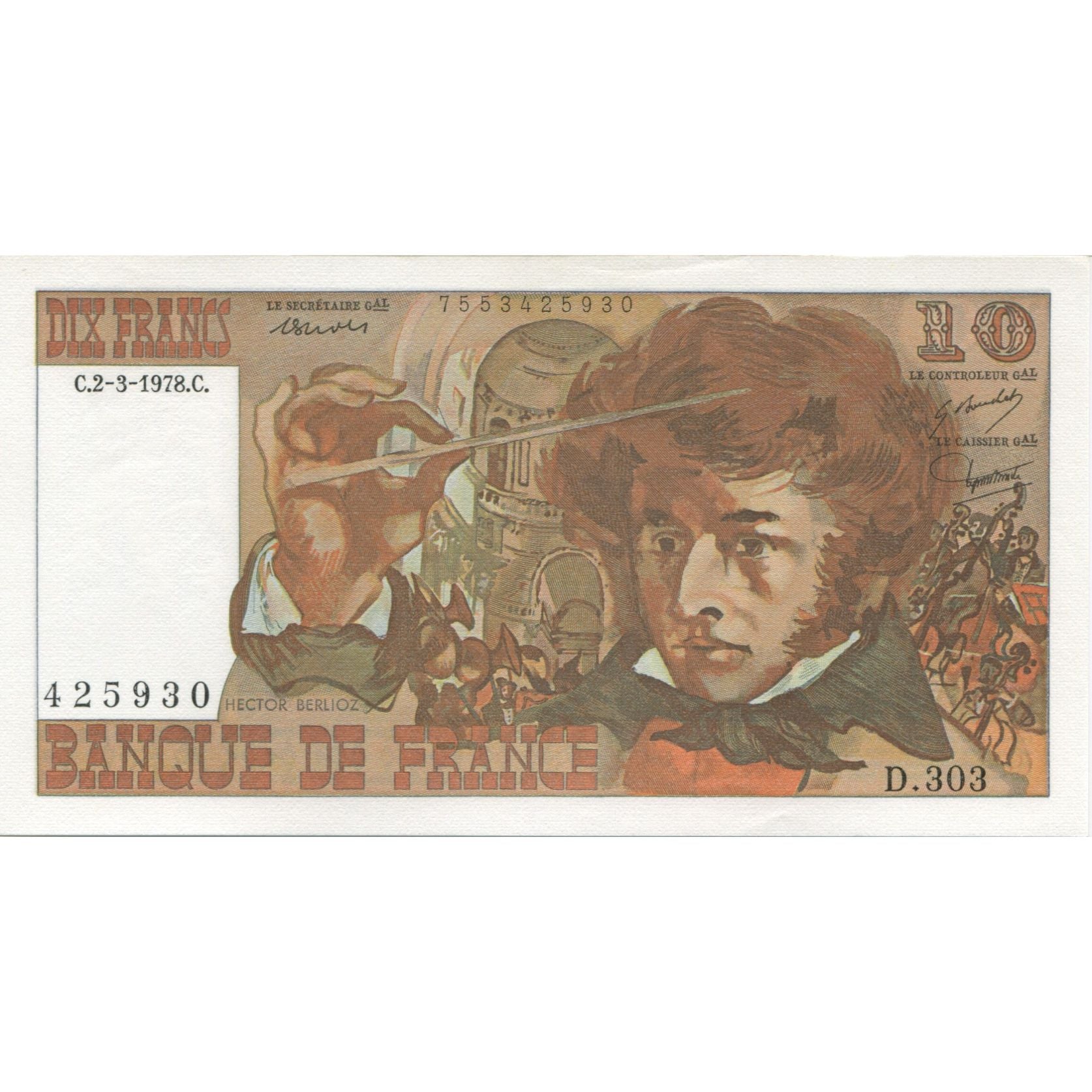 France, 10 Francs, Berlioz, 1978, 1978-03-02, SPL+, Fayette:63.23, KM:150c