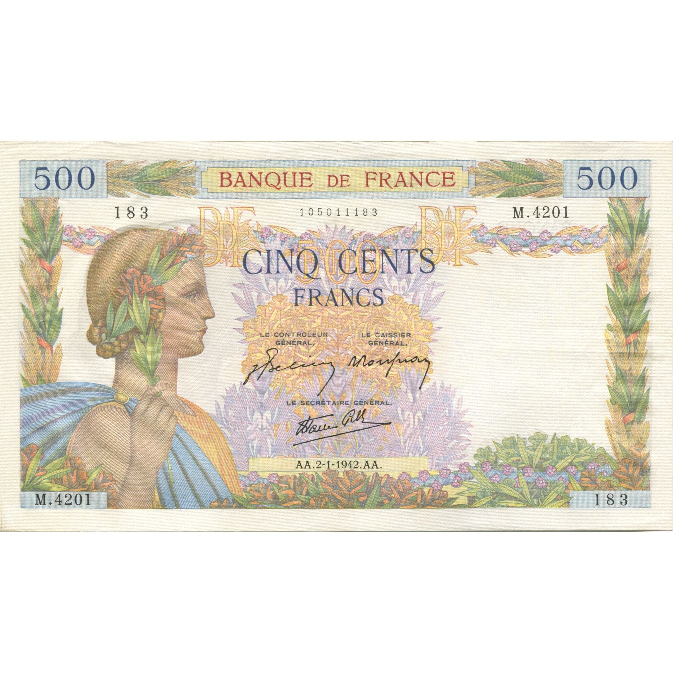 Frankreich, 500 Francs, La Paix, 1942, 1942-01-02, UNZ-, Fayette:32.26, KM:95b