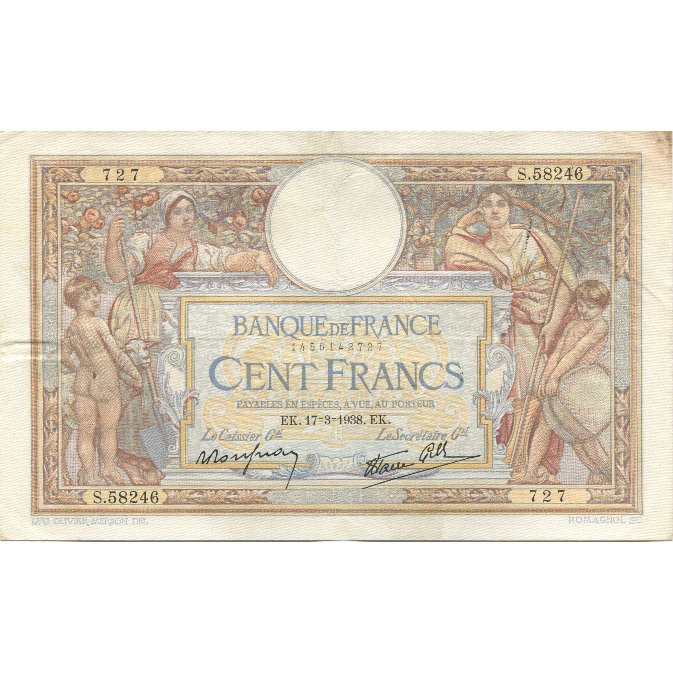 Francia, 100 Francs, Luc Olivier Merson, 1938, 1938-03-17, BB, Fayette:25.13