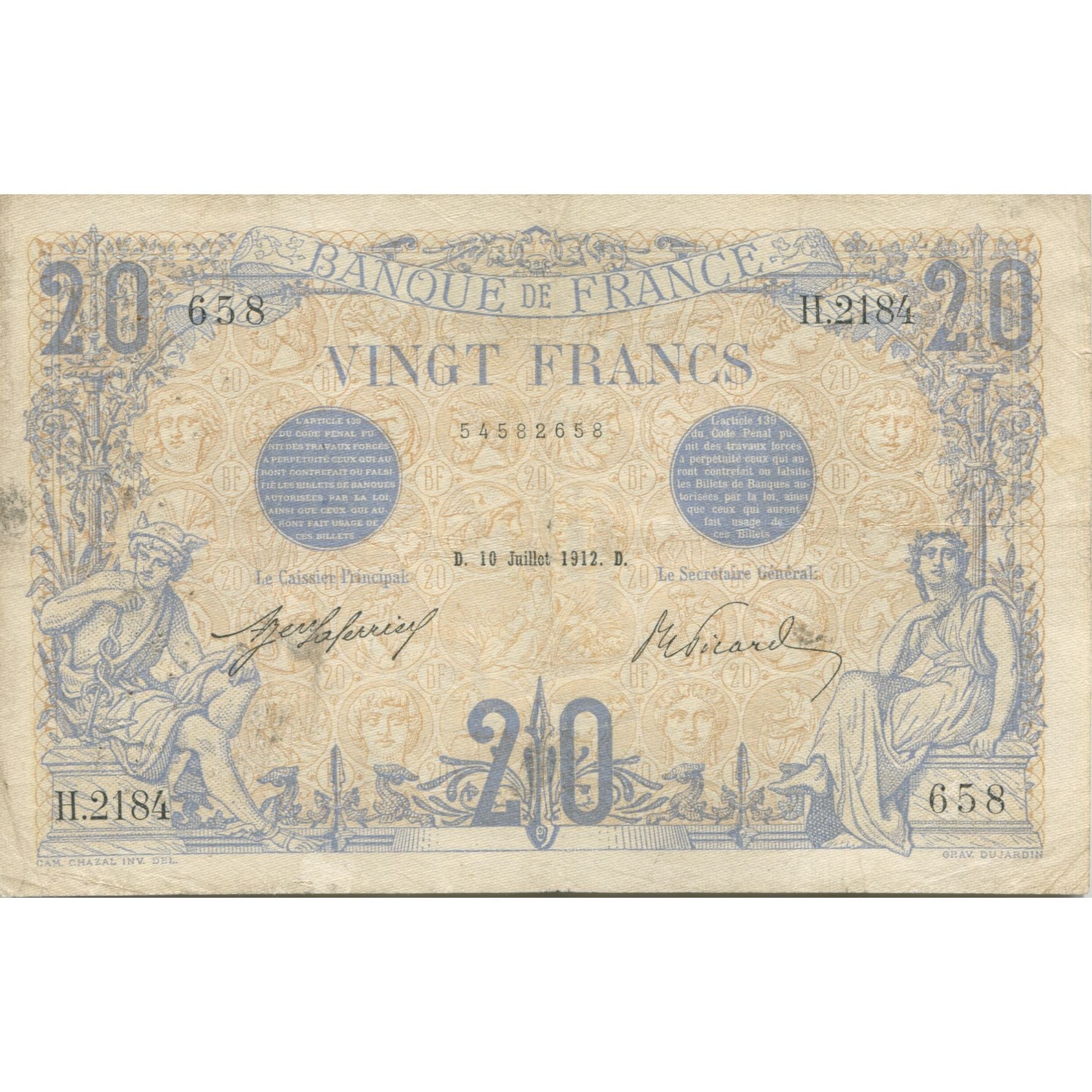 Francia, 20 Francs, Bleu, 1912, 1912-07-10, BB, Fayette:10.02, KM:68b