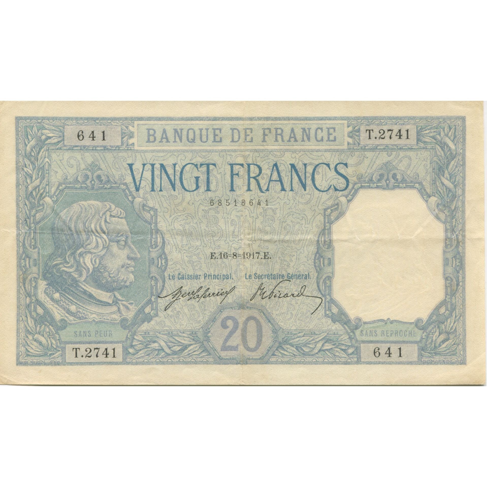 France, 20 Francs, Bayard, 1917, 1917-8-16, AU(55-58), Fayette:11.02, KM:74