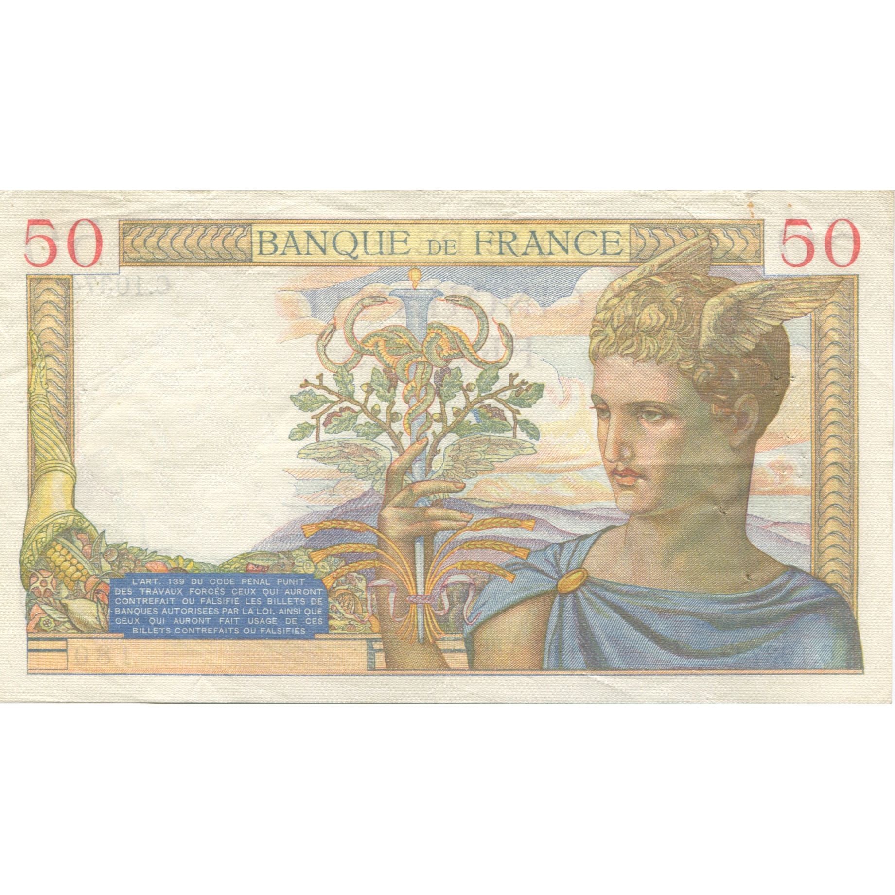 France, 50 Francs, Cérès, 1939, 1939-06-15, AU(50-53), Fayette:18.26, KM:85b