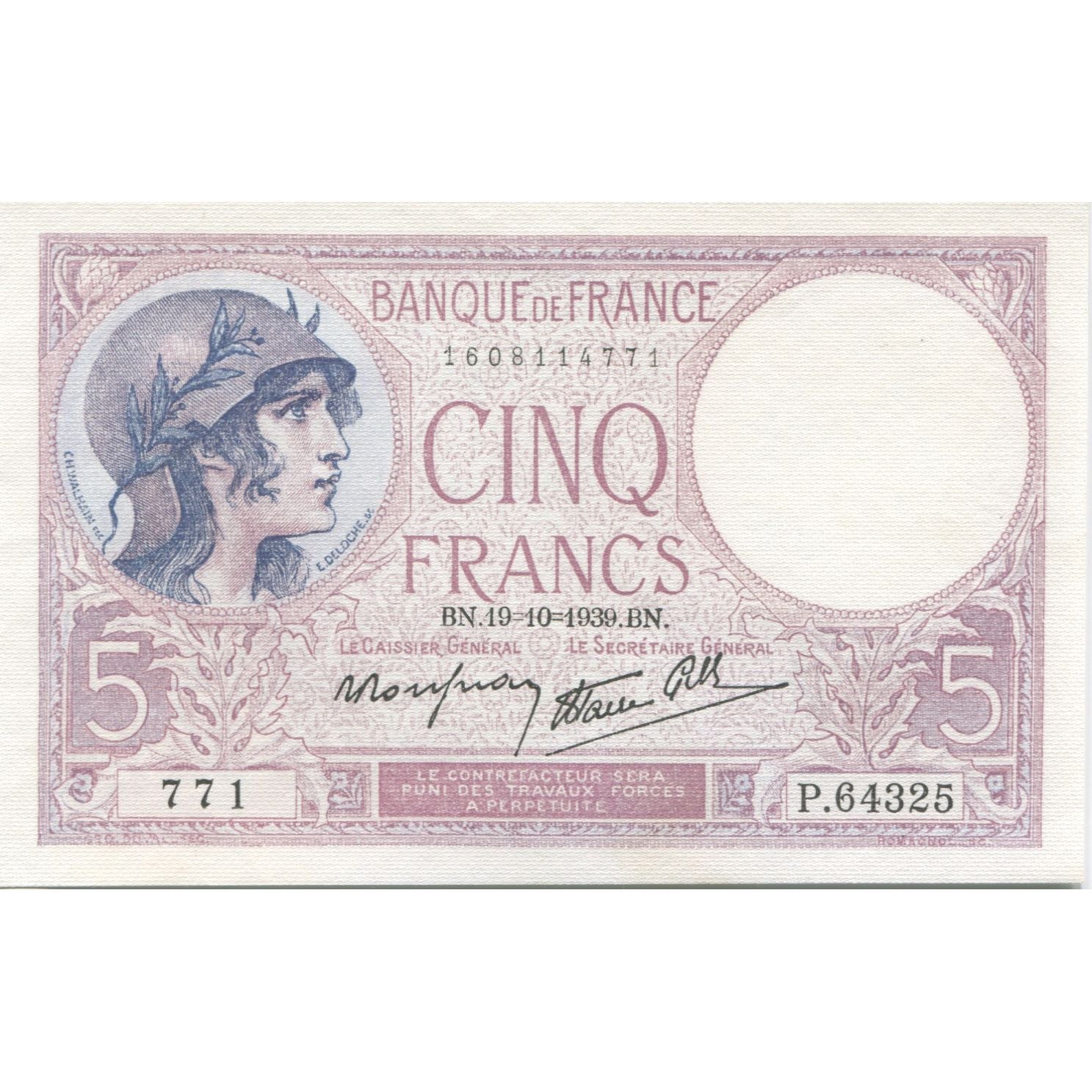 France, 5 Francs, Violet, 1939, 1939-10-19, UNC(65-70), Fayette:4.12, KM:83