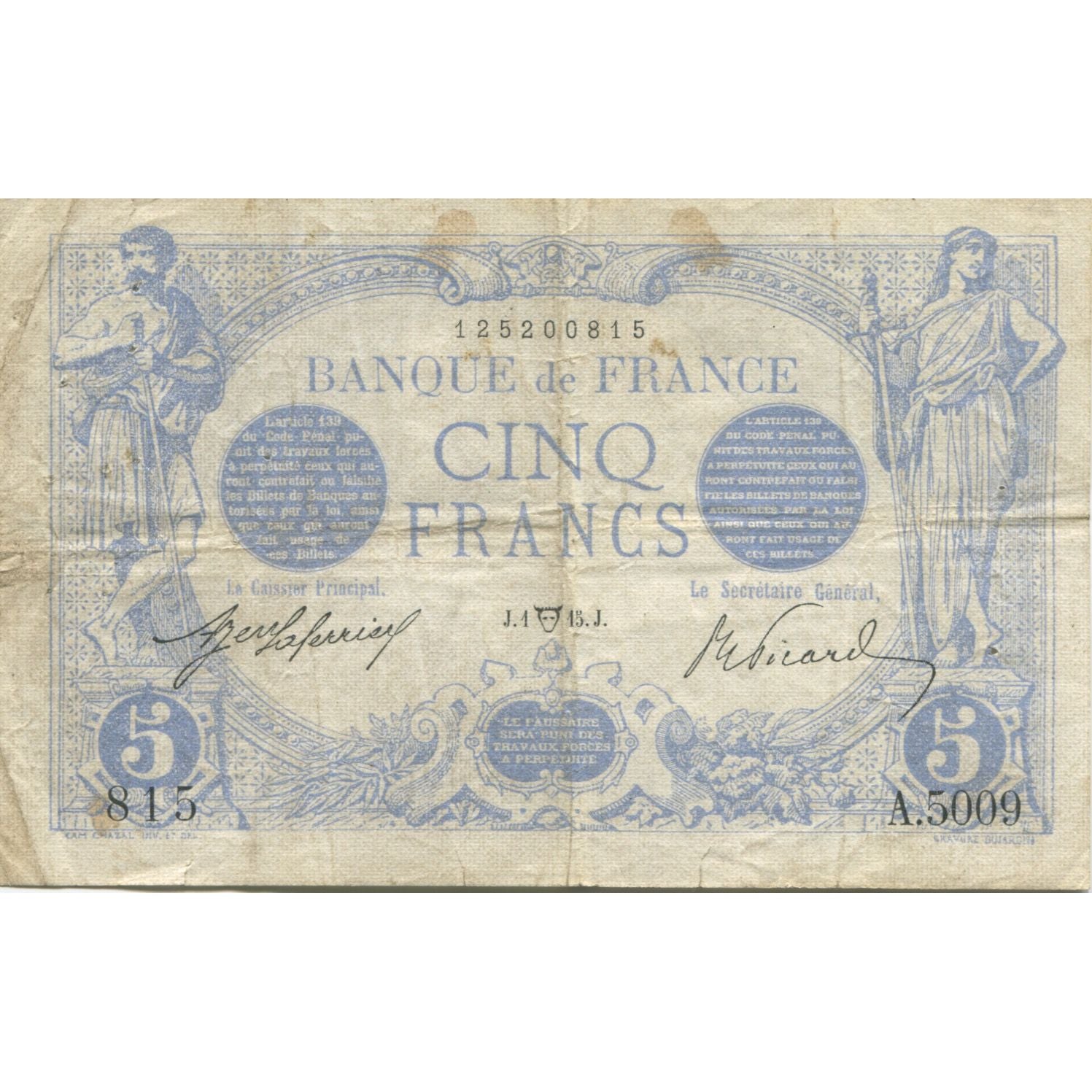 Francia, 5 Francs, Bleu, BC, Fayette:2.26, KM:70