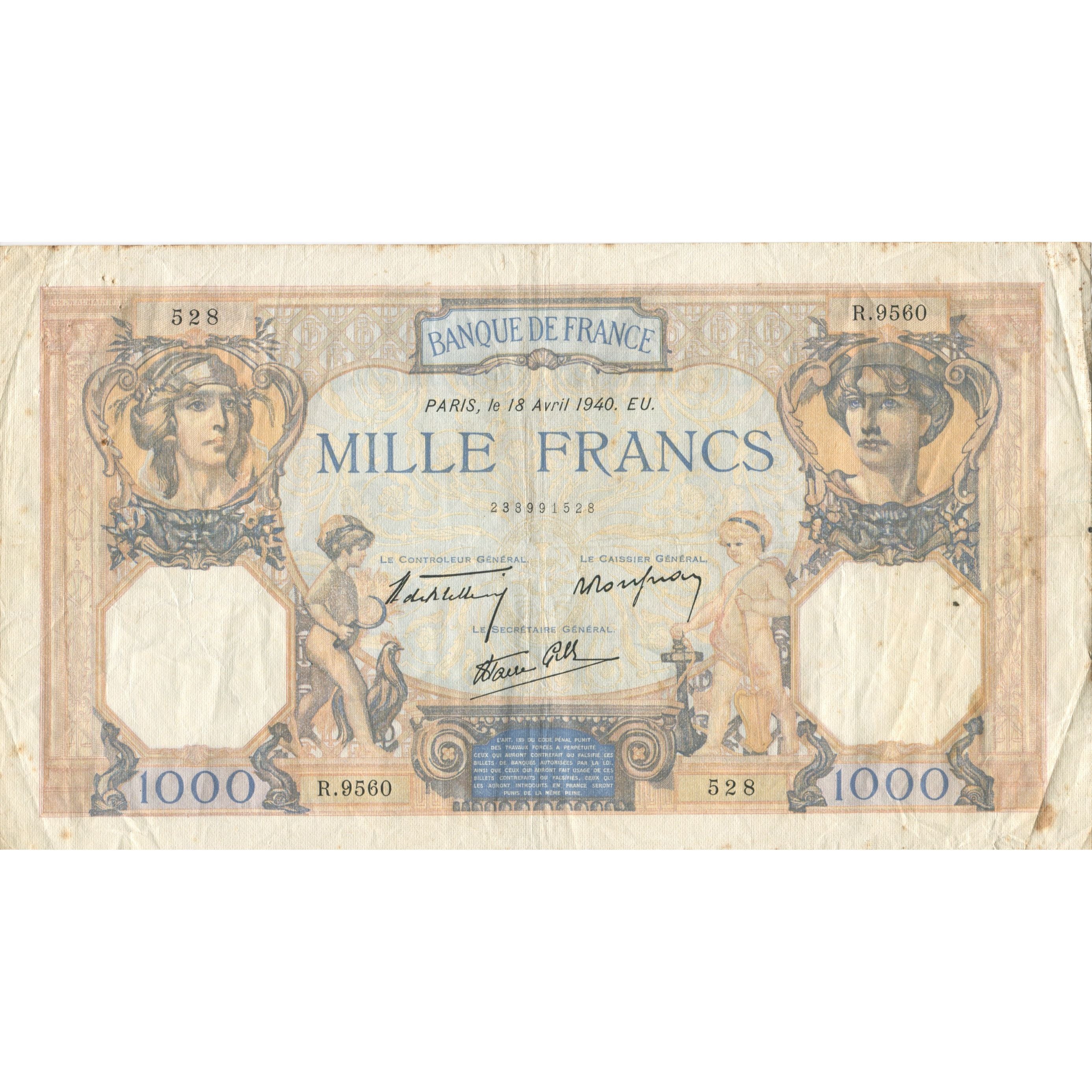 France, 1000 Francs, Cérès et Mercure, 1940, 1940-04-18, VF(30-35)