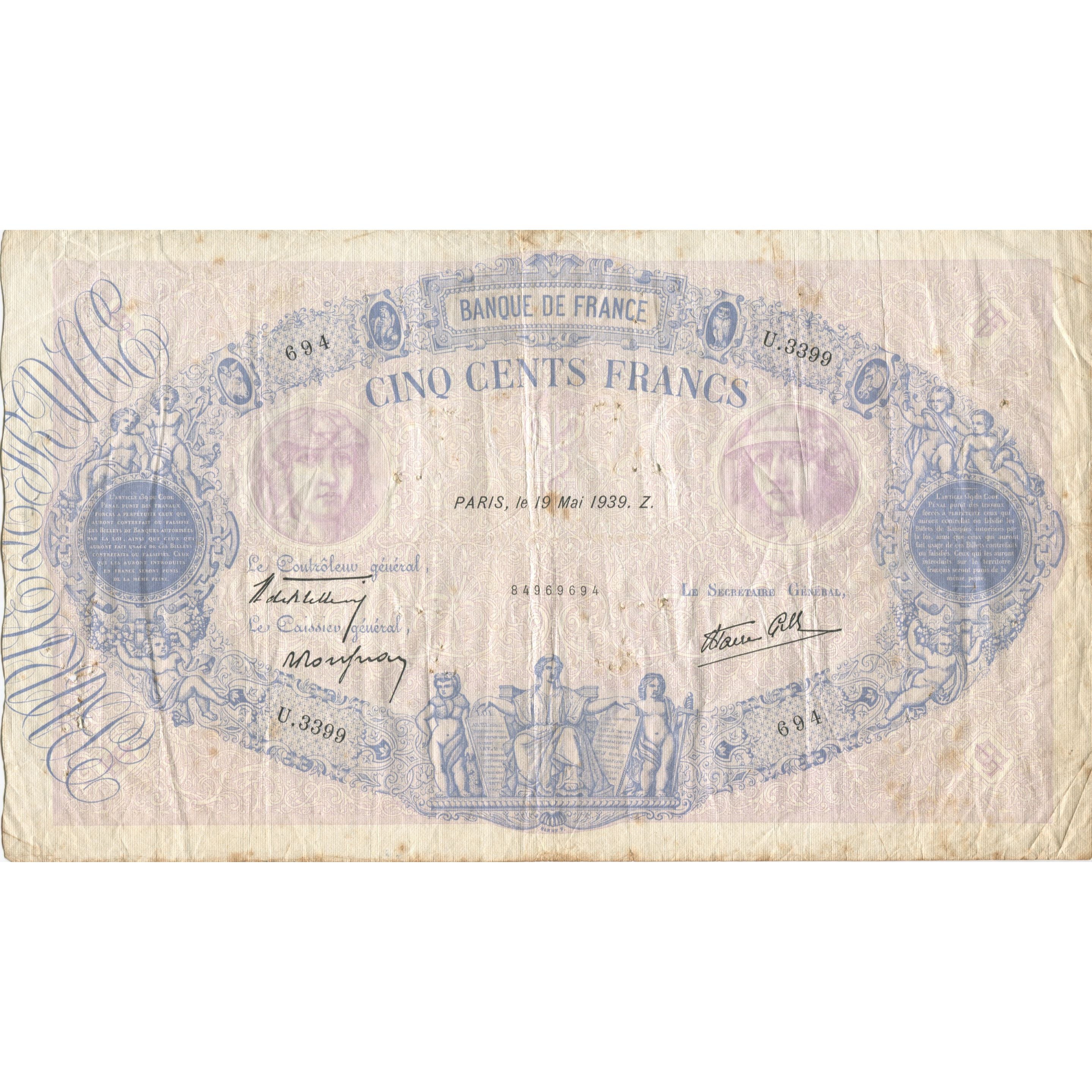 França, 500 Francs, Bleu et Rose, 1939, 1939-05-19, VF(20-25), Fayette:31.33