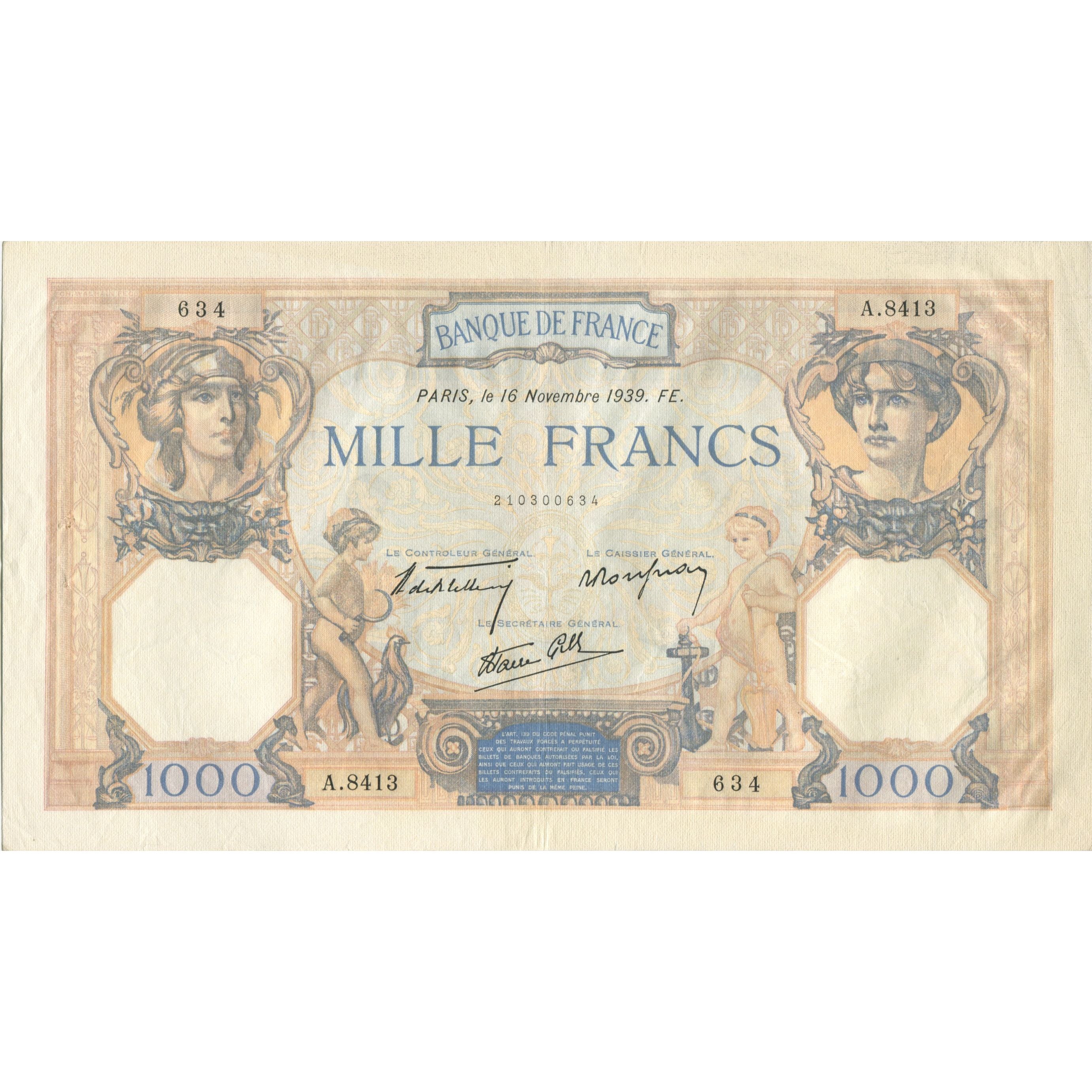 France, 1000 Francs, Cérès et Mercure, 1939, 1939-11-16, SUP+, Fayette:38.39