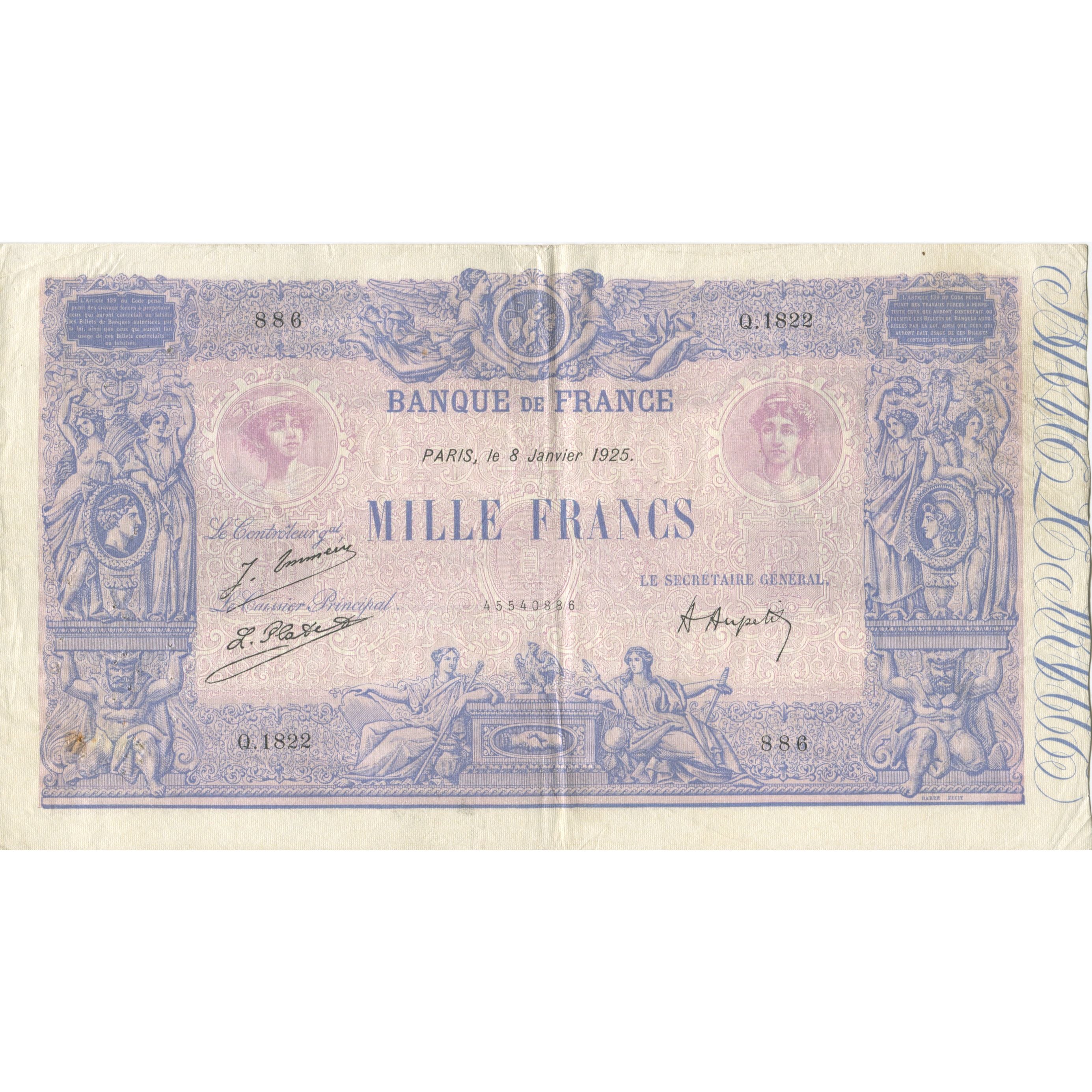 France, 1000 Francs, Bleu et Rose, 1925, 1925-01-08, AU(50-53), Fayette:36.41