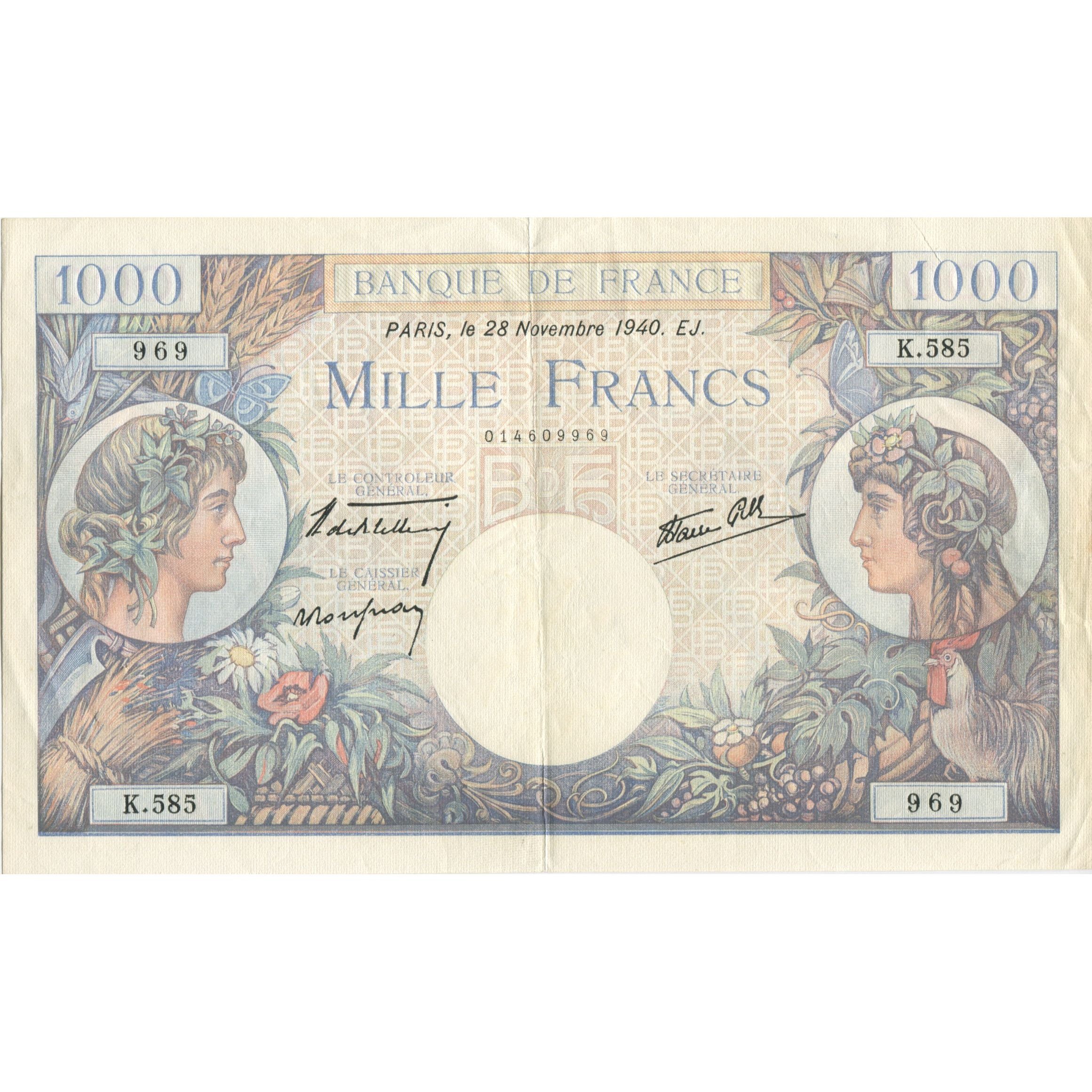 Frankreich, 1000 Francs, Commerce et Industrie, 1940, 1940-11-28, VZ+