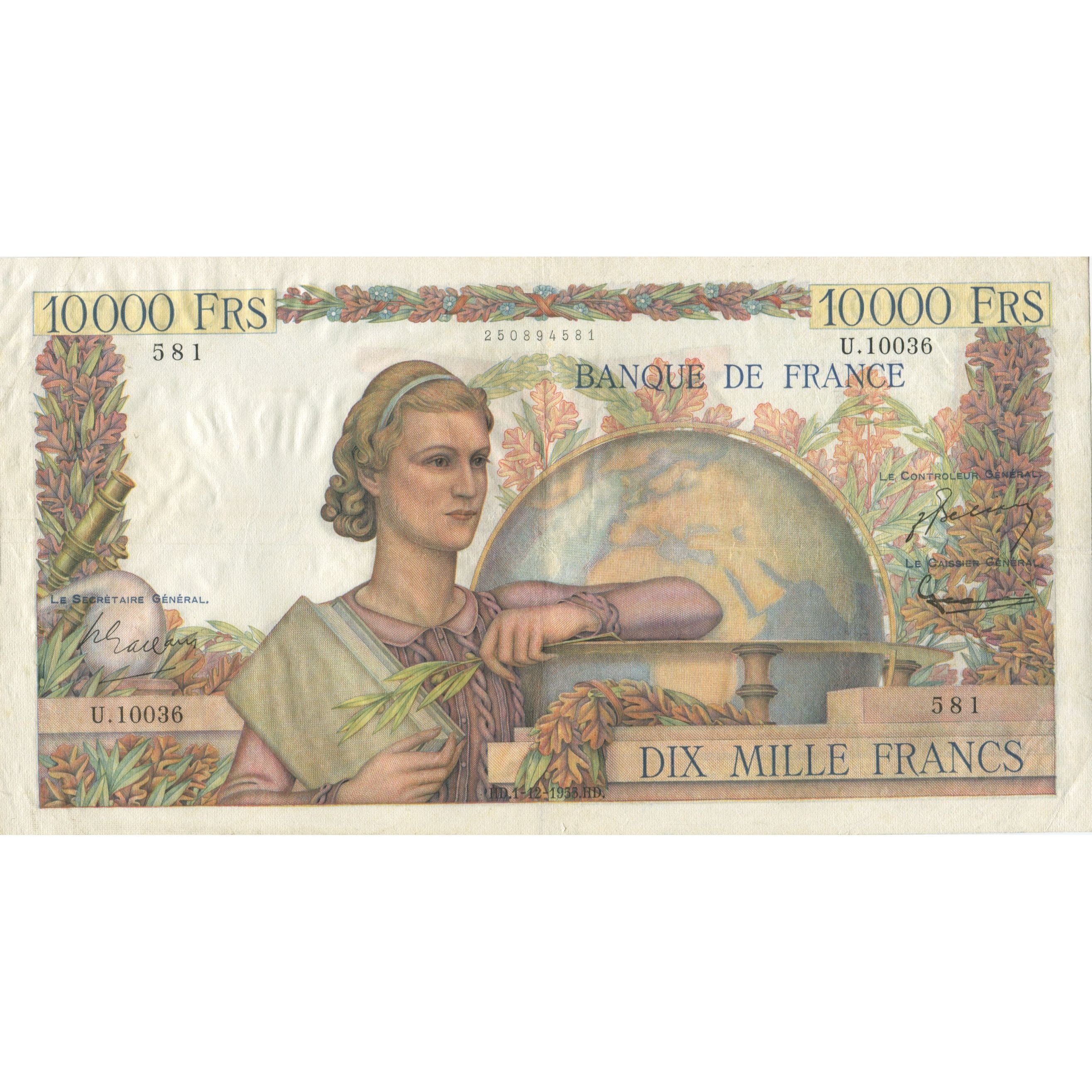 France, 10,000 Francs, Génie Français, AU(55-58), Fayette:50.77, KM:132d