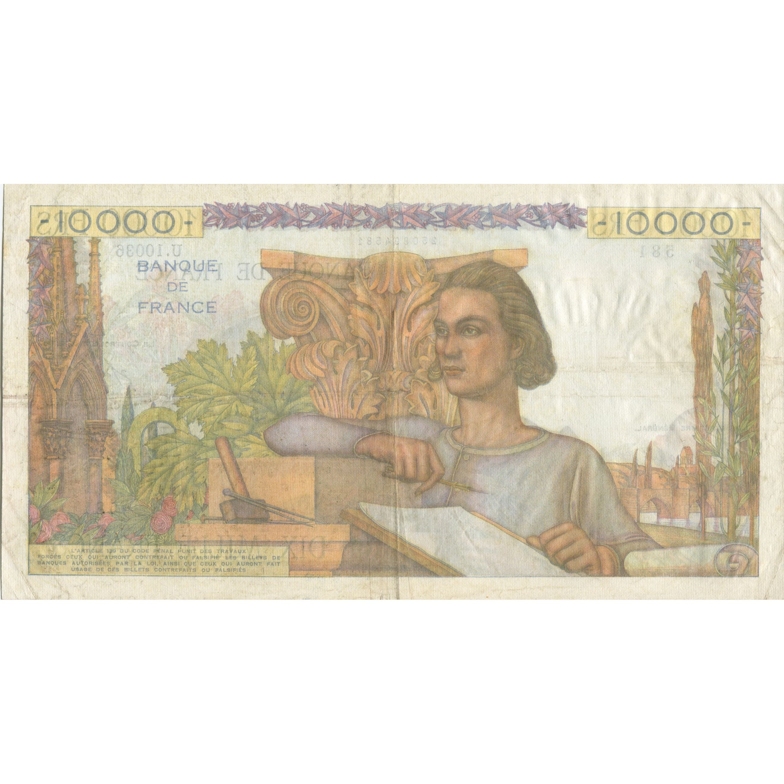 France, 10,000 Francs, Génie Français, AU(55-58), Fayette:50.77, KM:132d