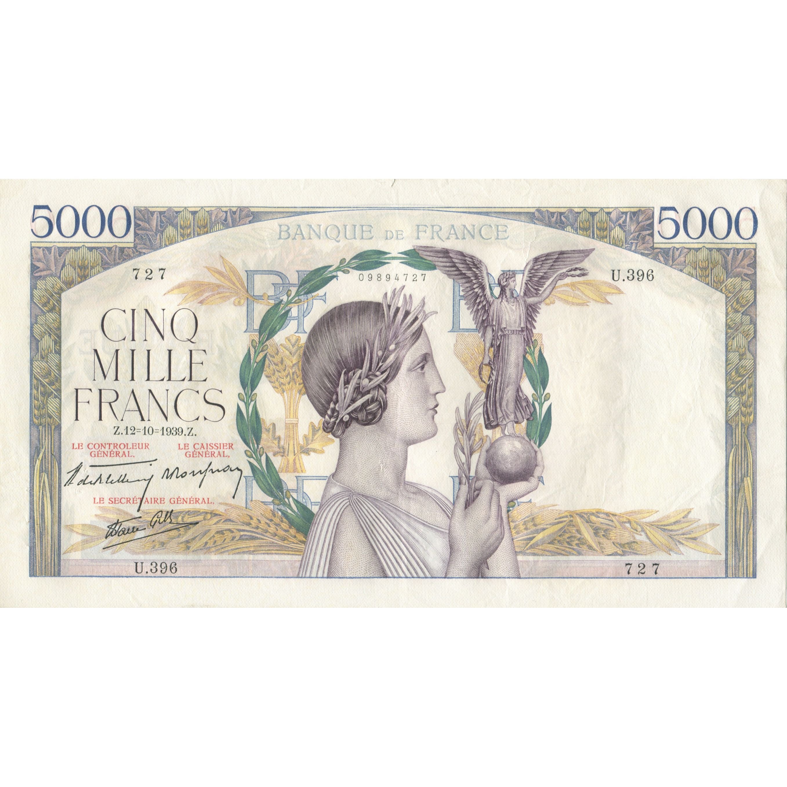 France, 5000 Francs, Victoire, 1939, 1939-10-12, SUP+, Fayette:46.14, KM:97a