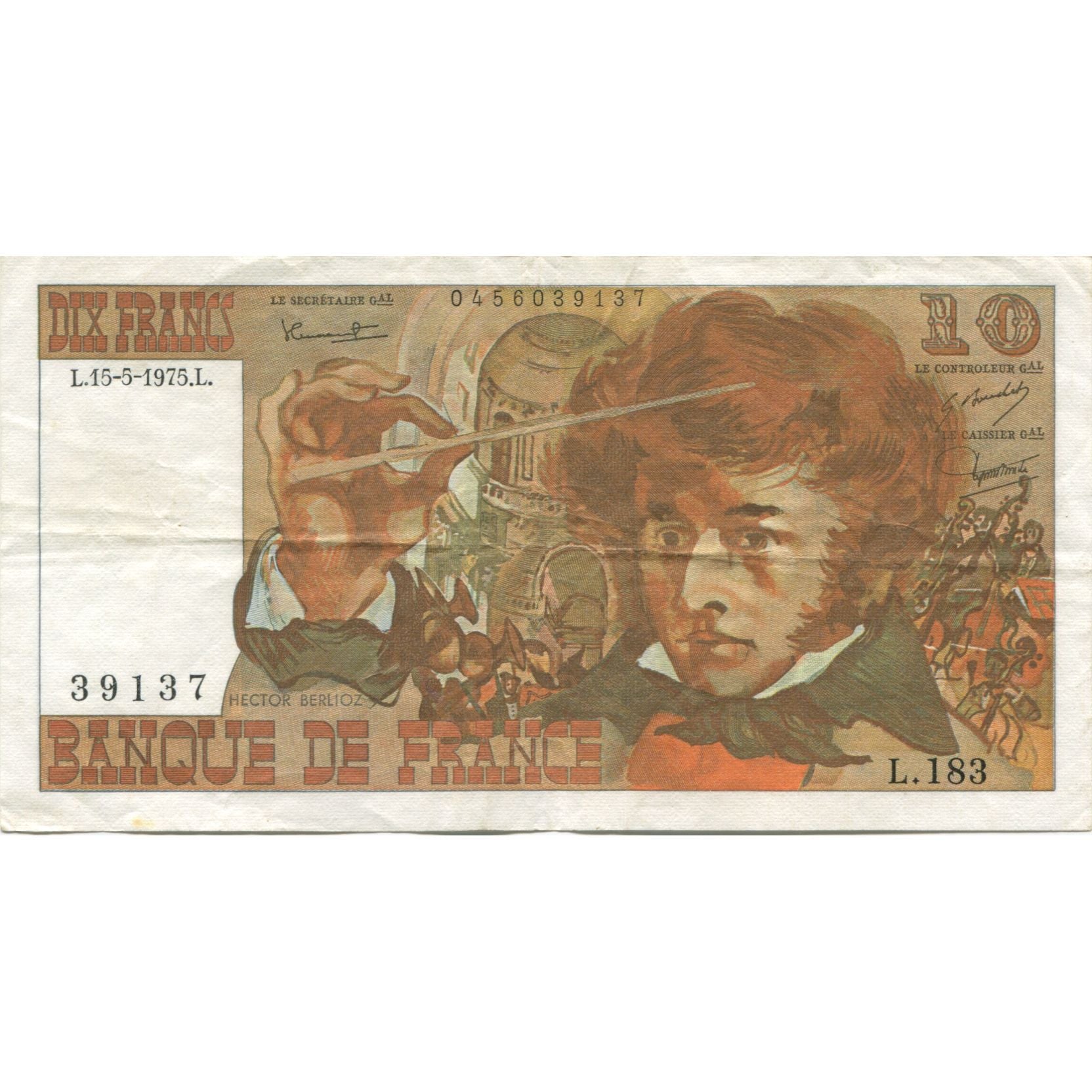 France, 10 Francs, Berlioz, 1975, 1975-05-15, AU(55-58), Fayette:63.10, KM:150b