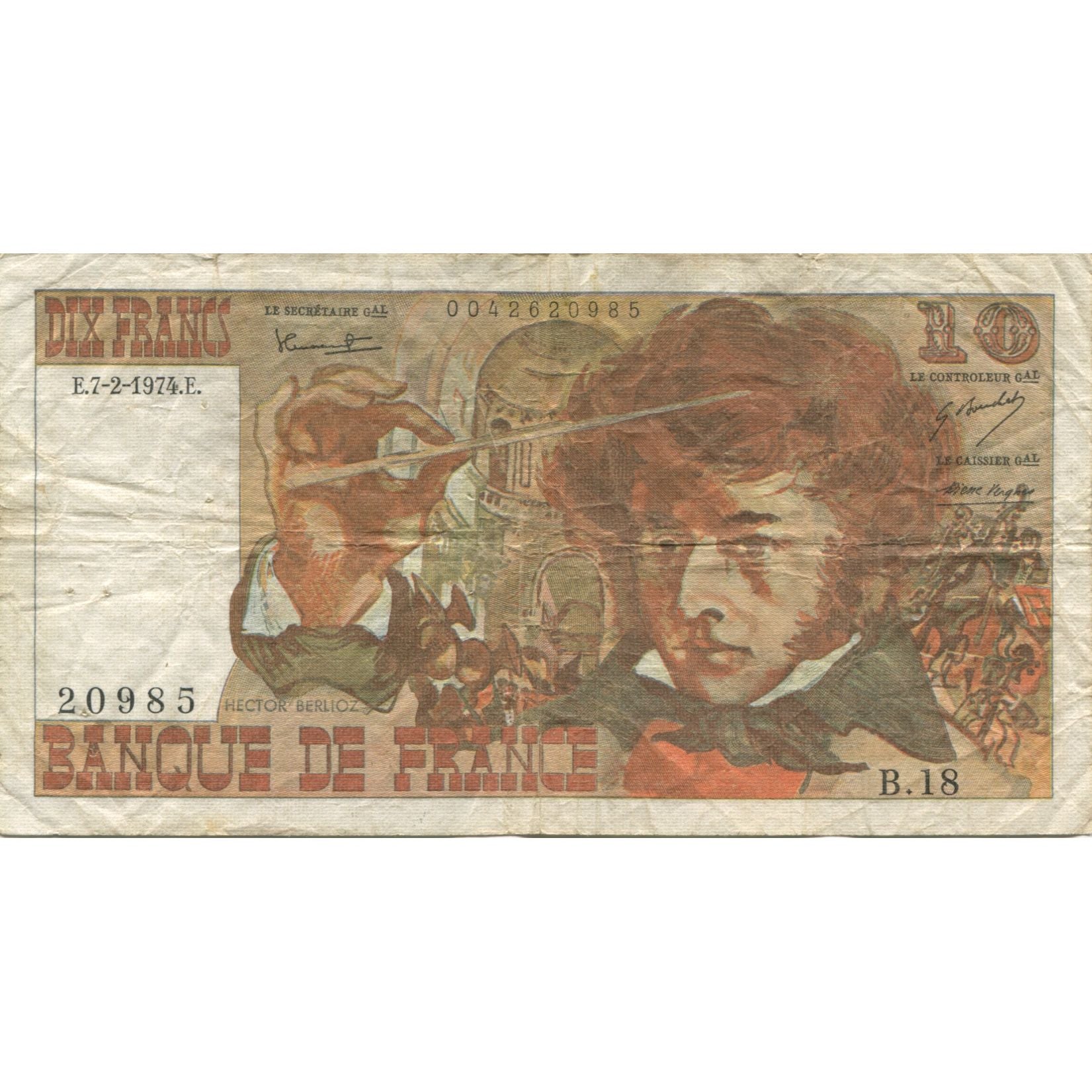 Francja, 10 Francs, Berlioz, 1974, 1974-02-07, VF(30-35), Fayette:63.3, KM:150a