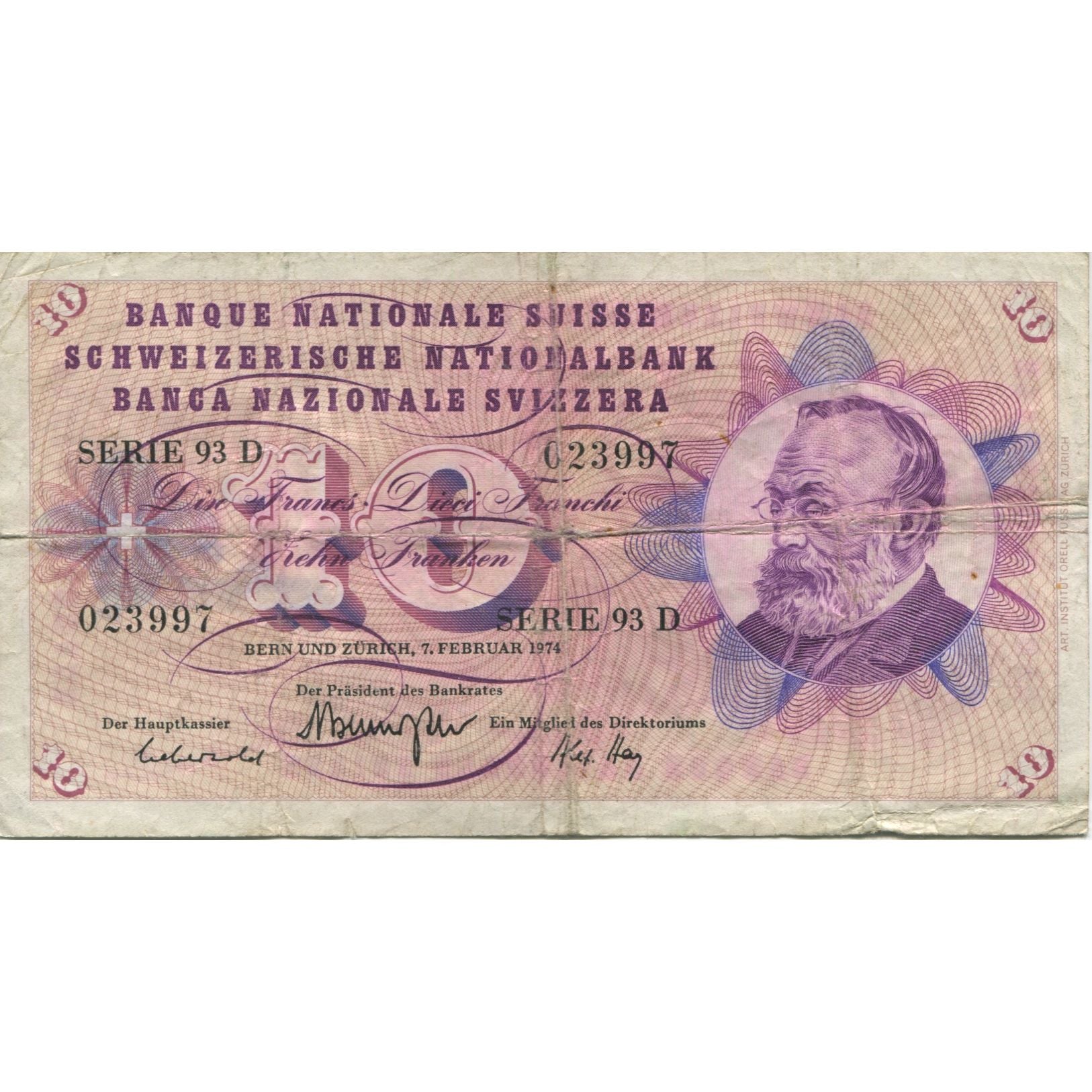 Geldschein, Schweiz, 10 Franken, 1974, 1974-02-07, KM:45t, S