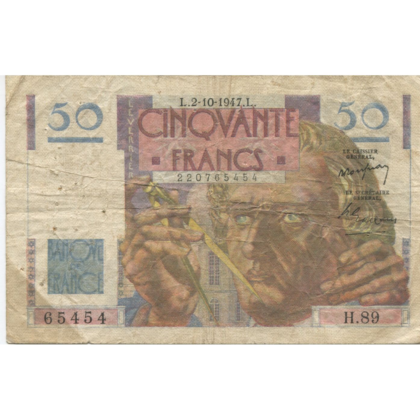 Frankrijk, 50 Francs, Le Verrier, 1947, 1947-10-02, TB, Fayette:20.9, KM:127b