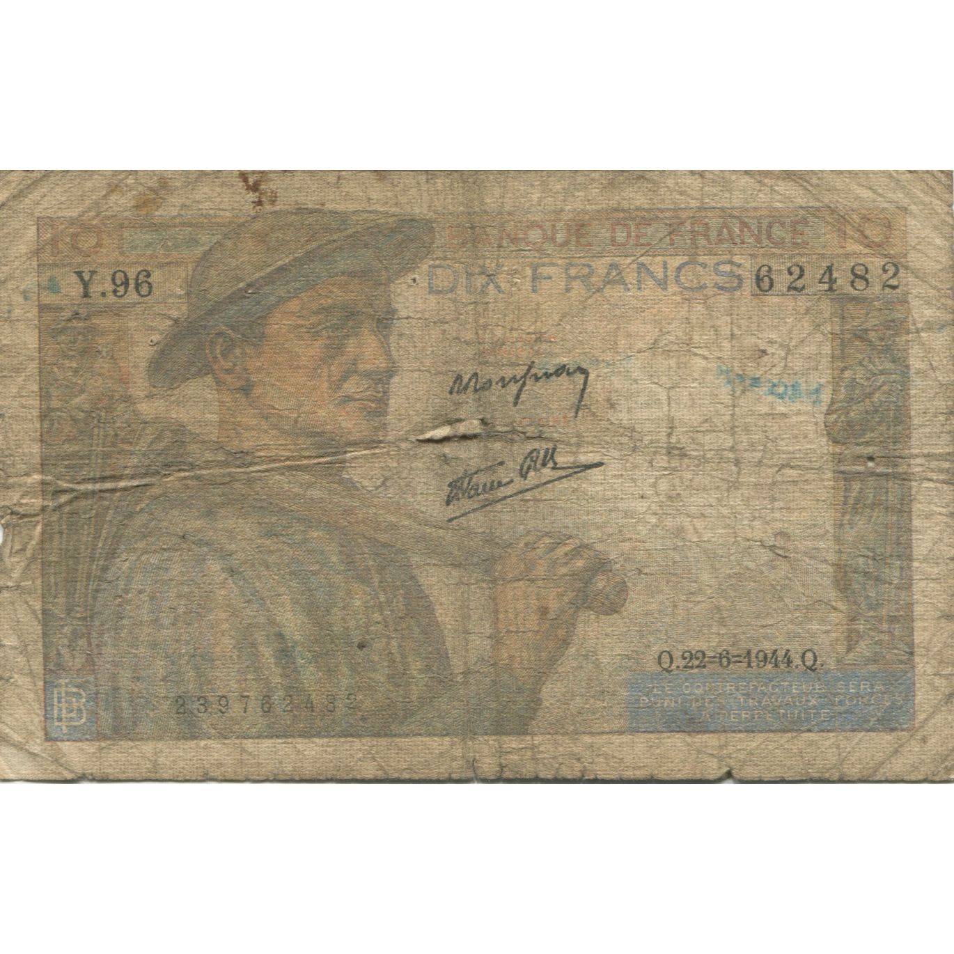 France, 10 Francs, Mineur, VG(8-10), Fayette:8.12, KM:99e