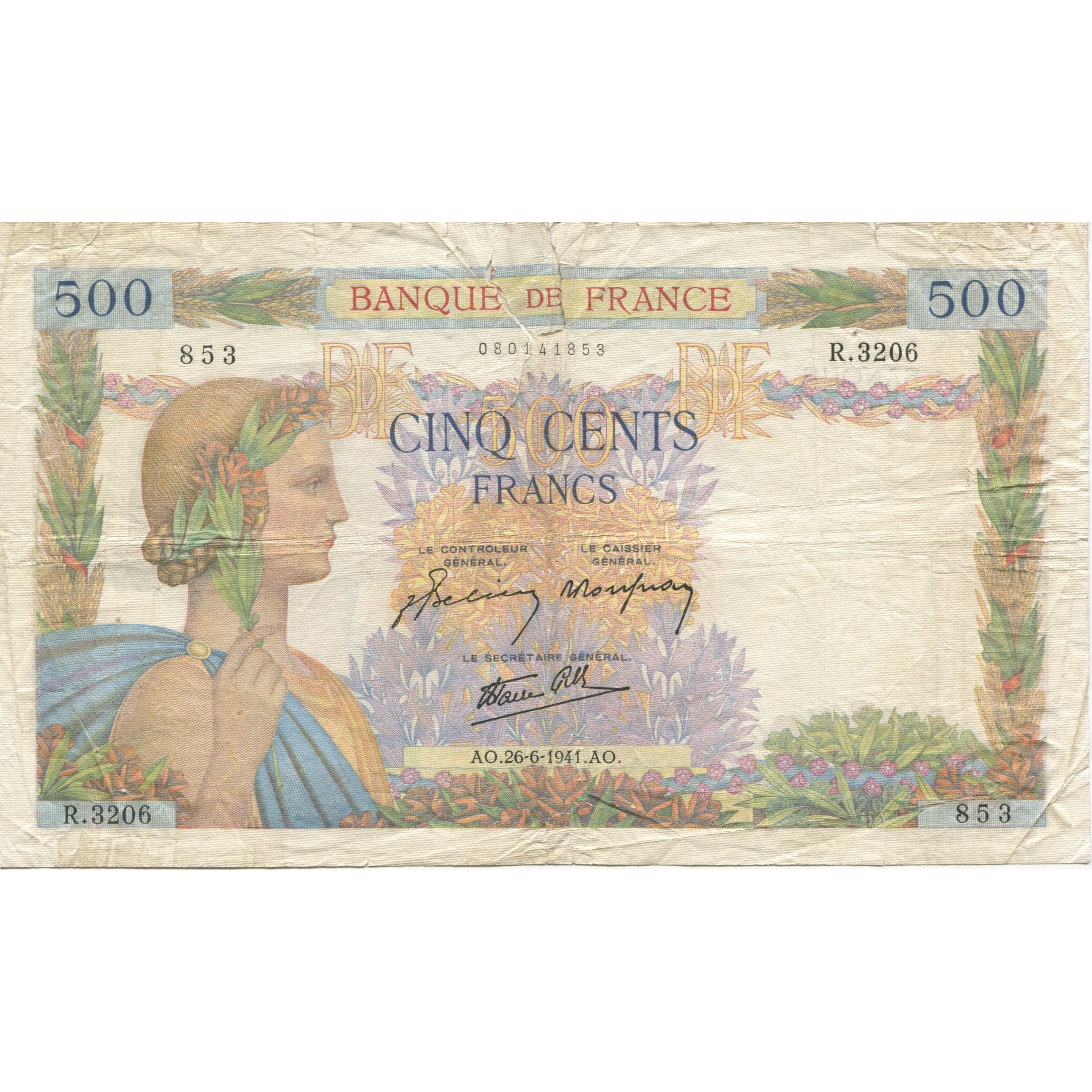 Francia, 500 Francs, La Paix, 1941, 1941-06-26, B, Fayette:32.19, KM:95b