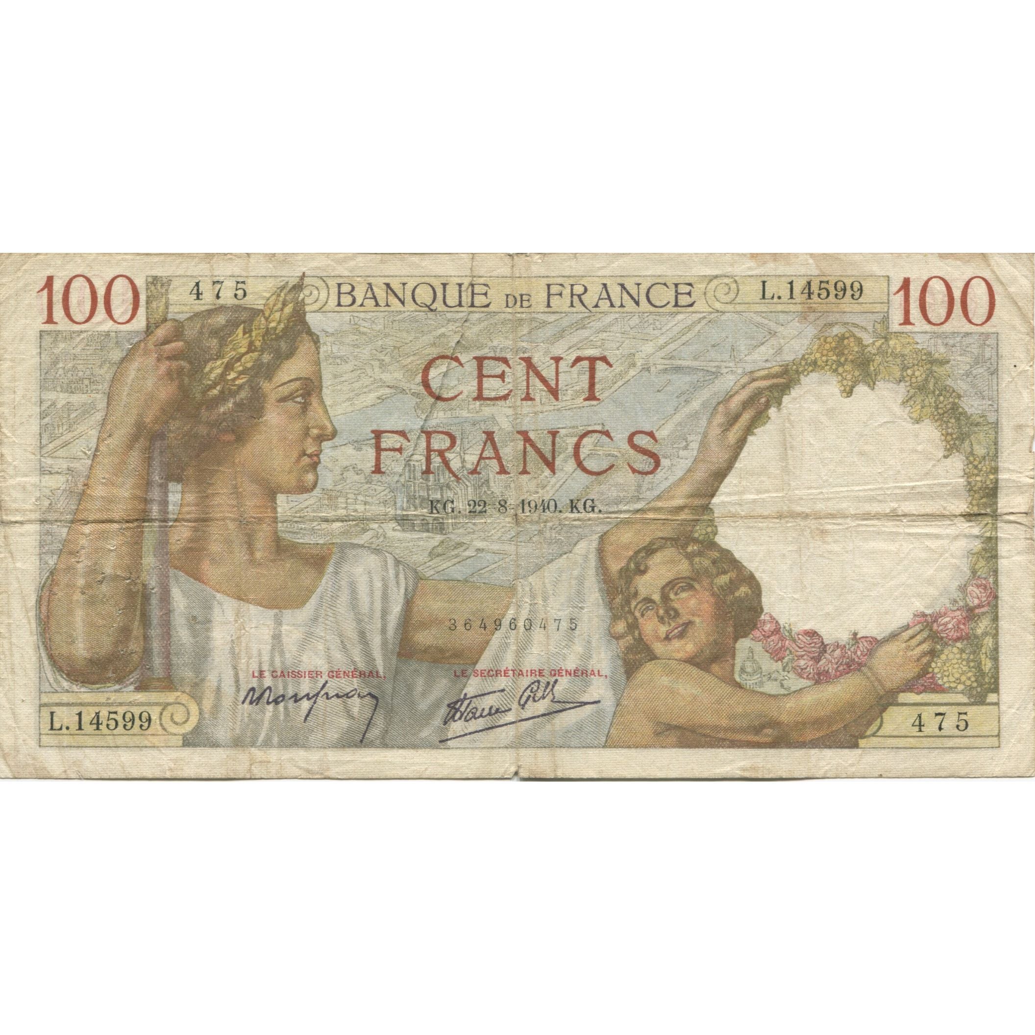 France, 100 Francs, Sully, 1940, 1940-08-22, TB, Fayette:26.37, KM:94