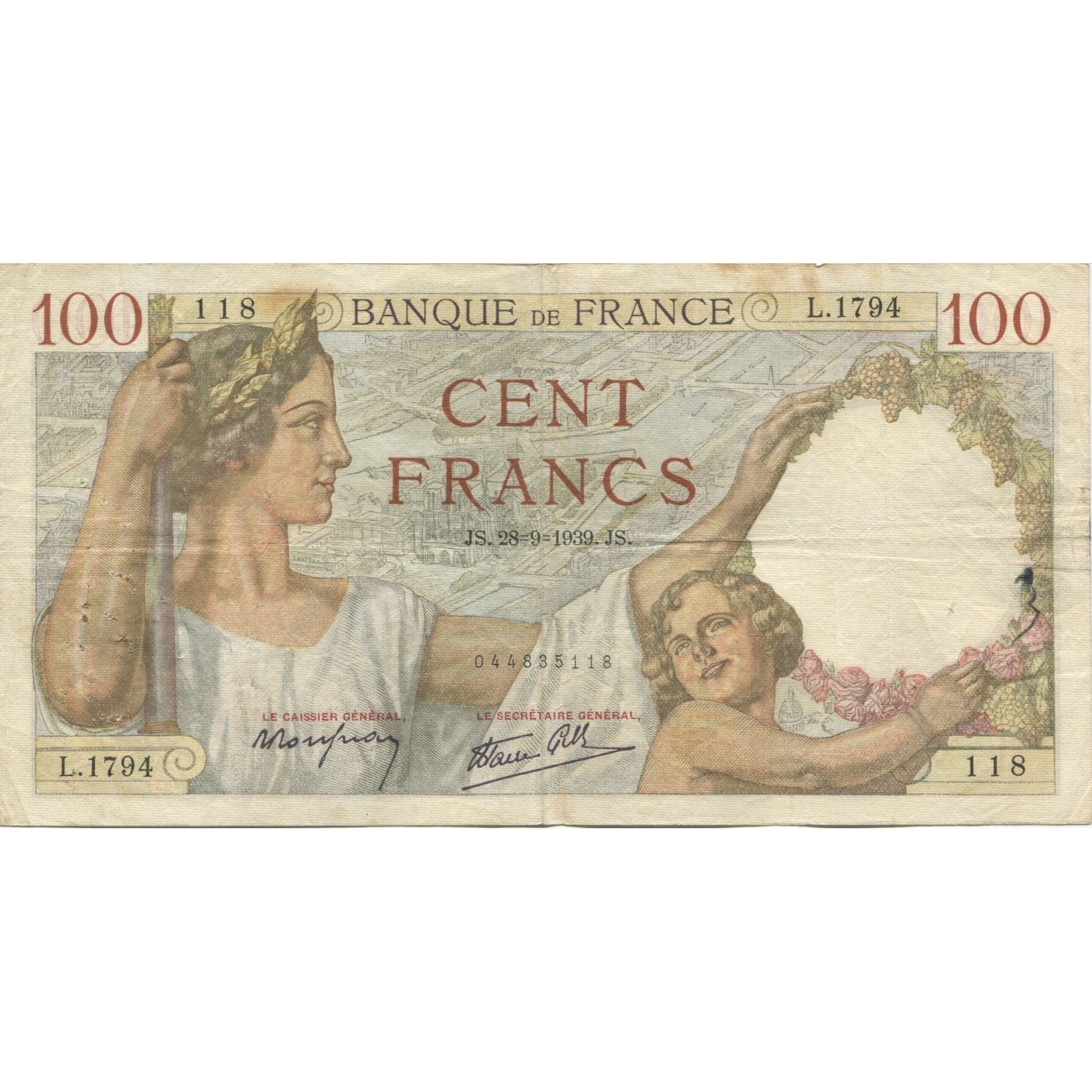 France, 100 Francs, Sully, 1939, 1939-09-28, TB+, Fayette:26.08, KM:94