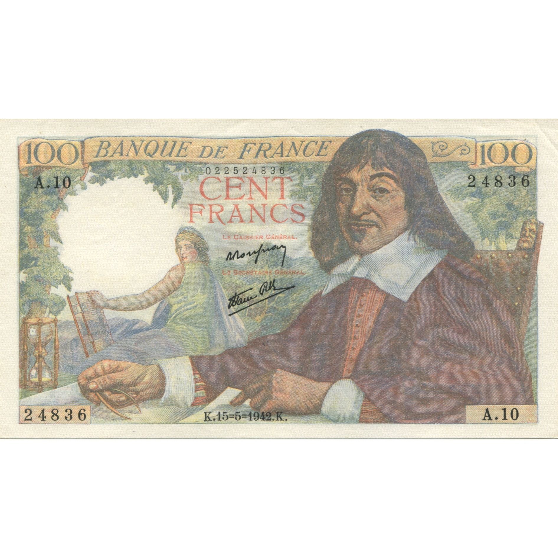 France, 100 Francs, Descartes, 1942, 1942-05-15, UNC(65-70), Fayette:27.1