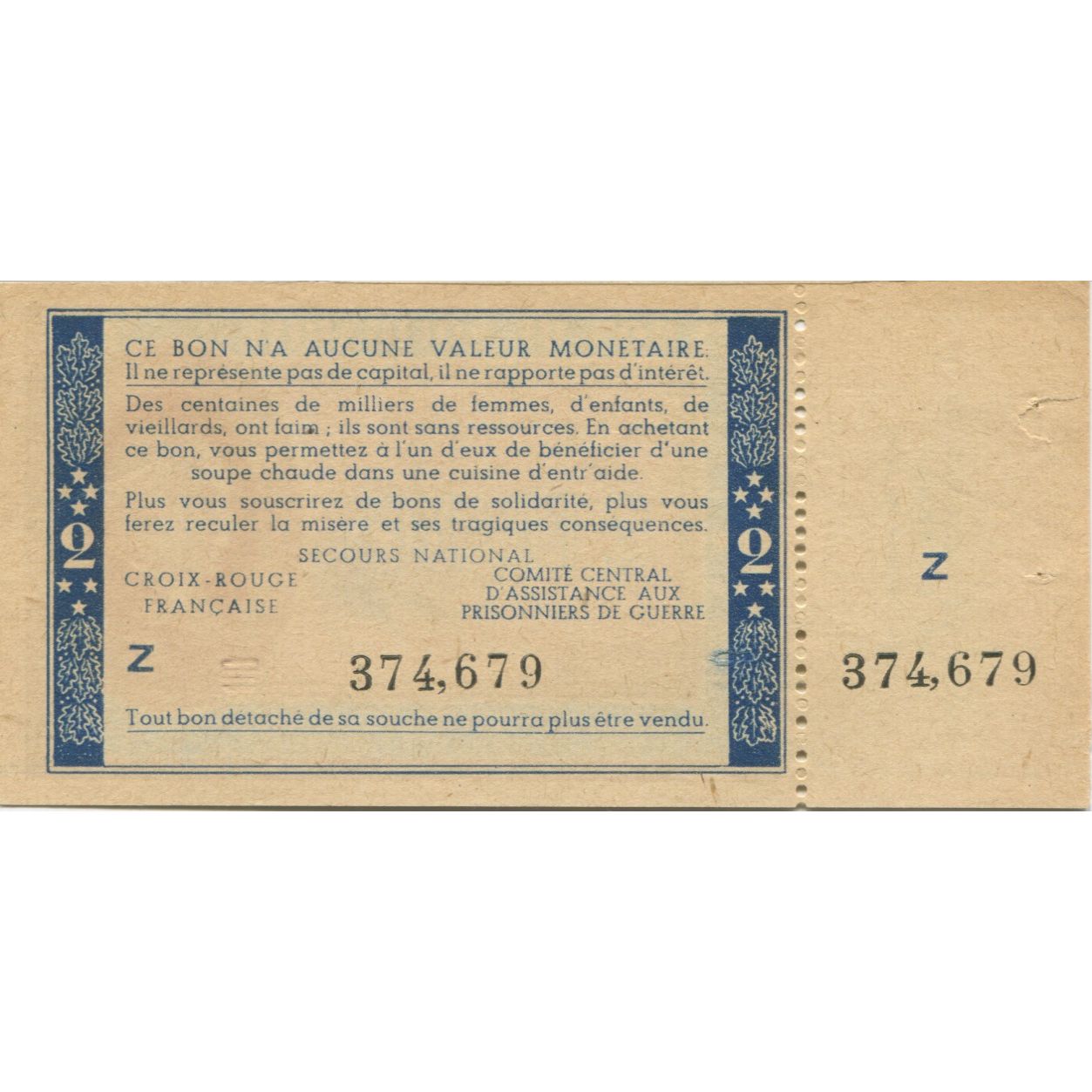 France, Bon de Solidarité, 2 Francs, 1941, UNC(65-70)