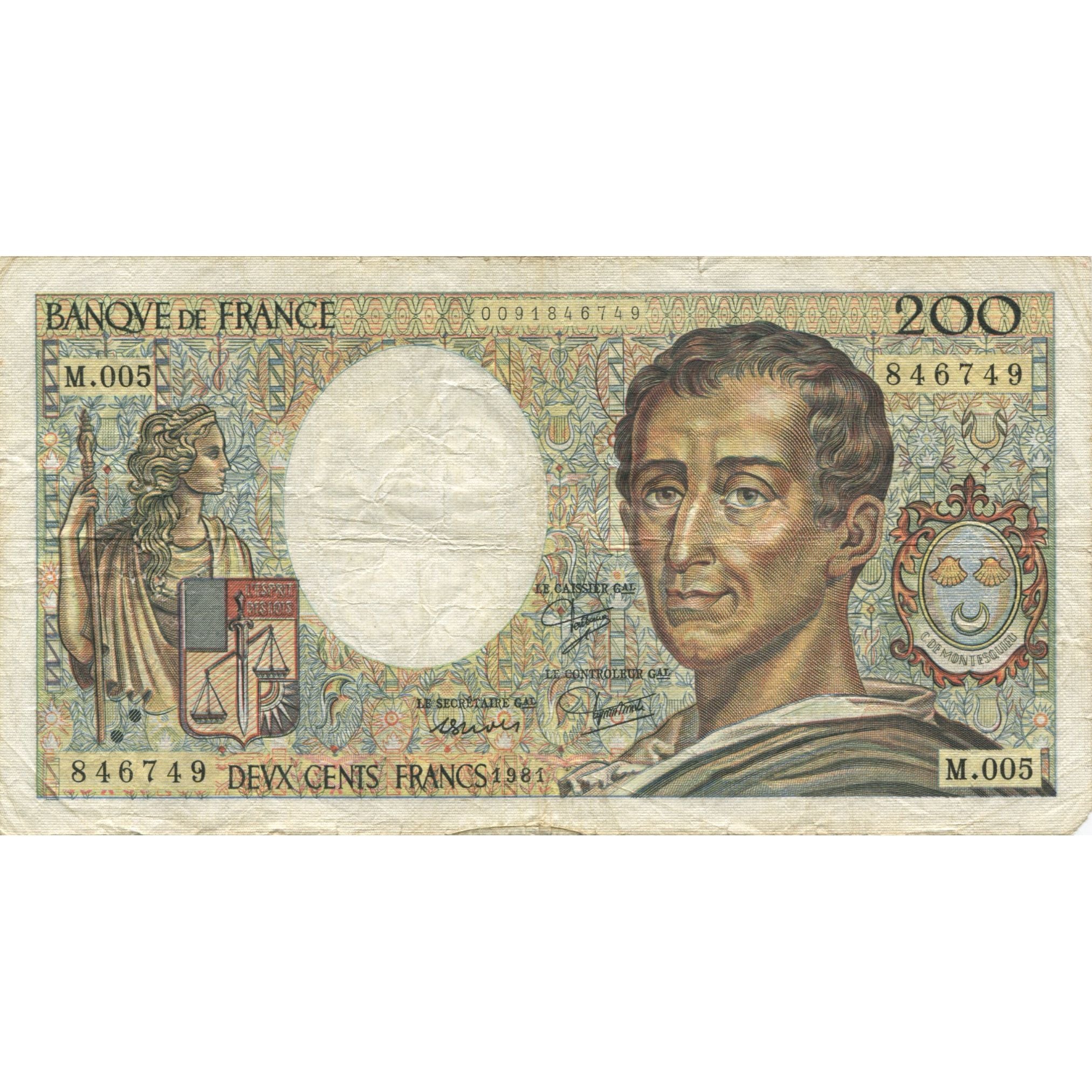 Francja, 200 Francs, Montesquieu, 1981, VF(20-25), Fayette:70.1, KM:155a