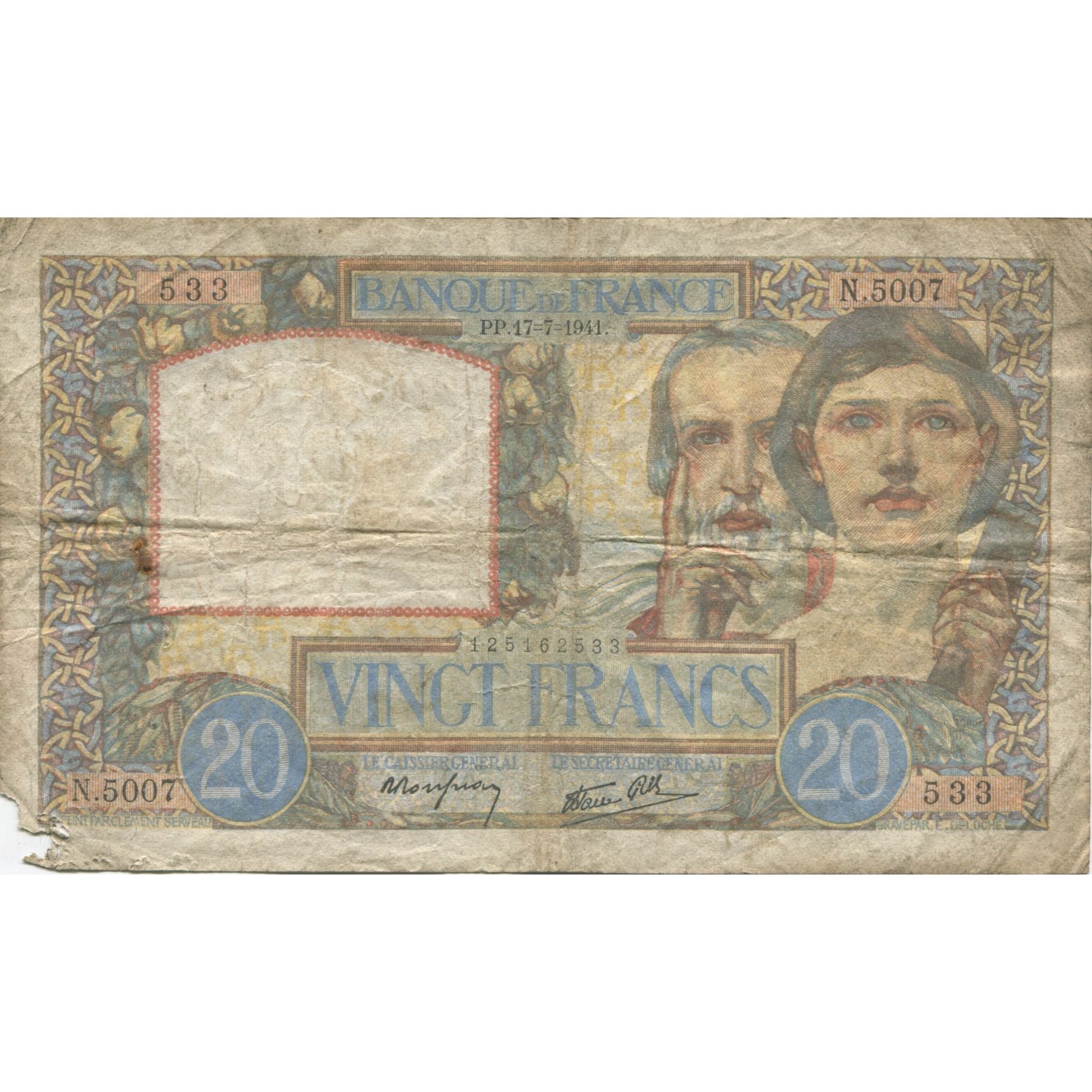 France, 20 Francs, Science et Travail, 1941, 1941-07-17, VG(8-10)