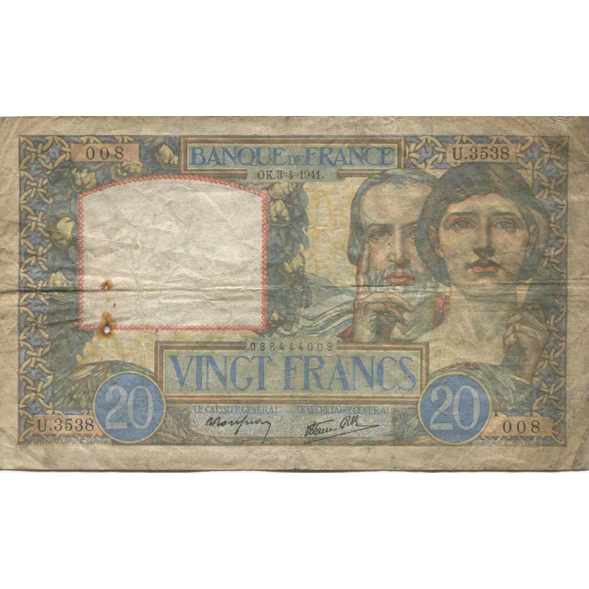França, 20 Francs, Science et Travail, 1941, 1941-04-03, VF(20-25)