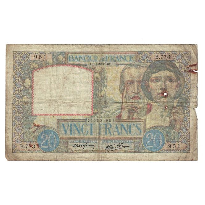 Frankrijk, 20 Francs, Science et Travail, 1940, 1940-08-01, B, Fayette:12.05