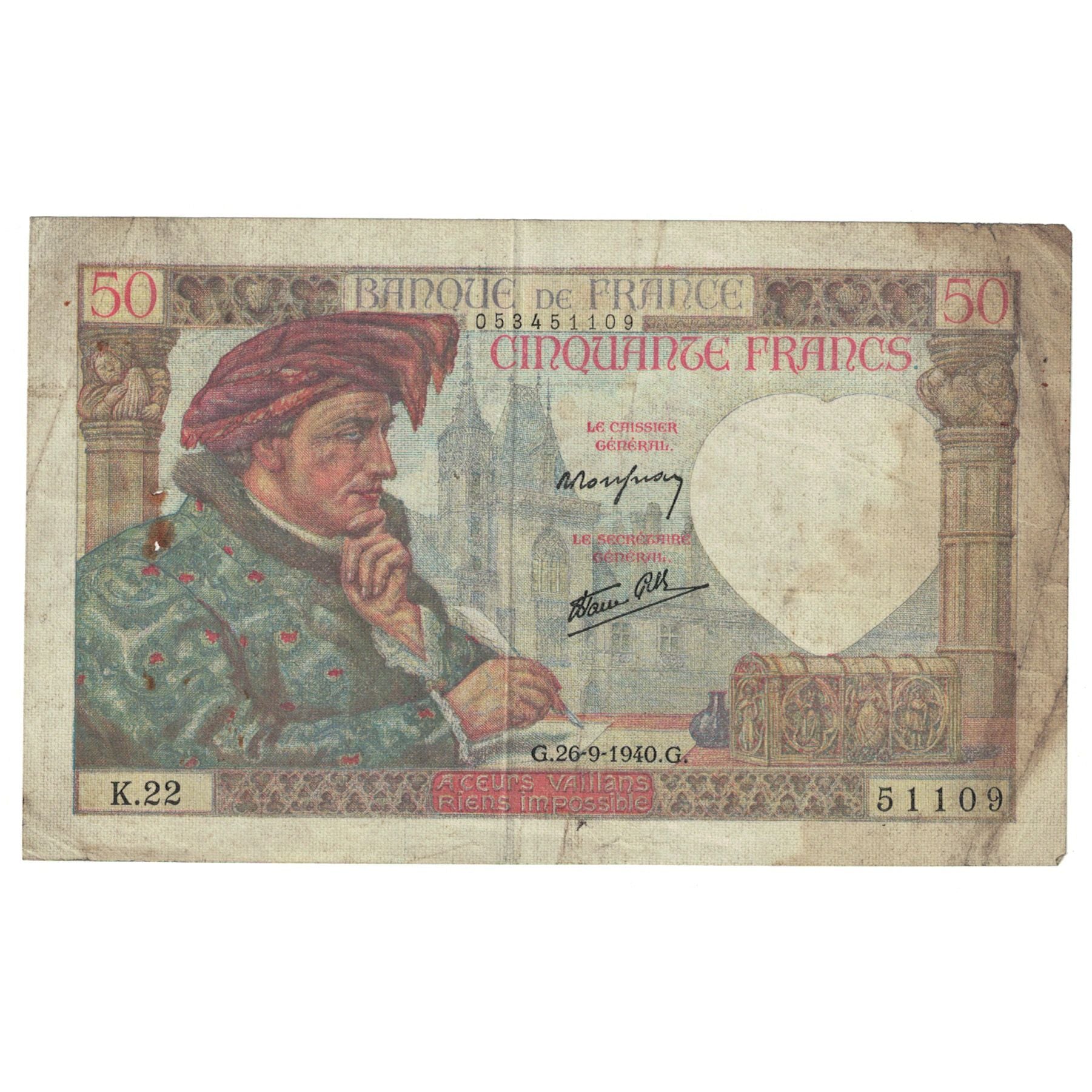 Francja, 50 Francs, Jacques Coeur, 1940, 1940-09-26, VF(30-35), Fayette:19.03