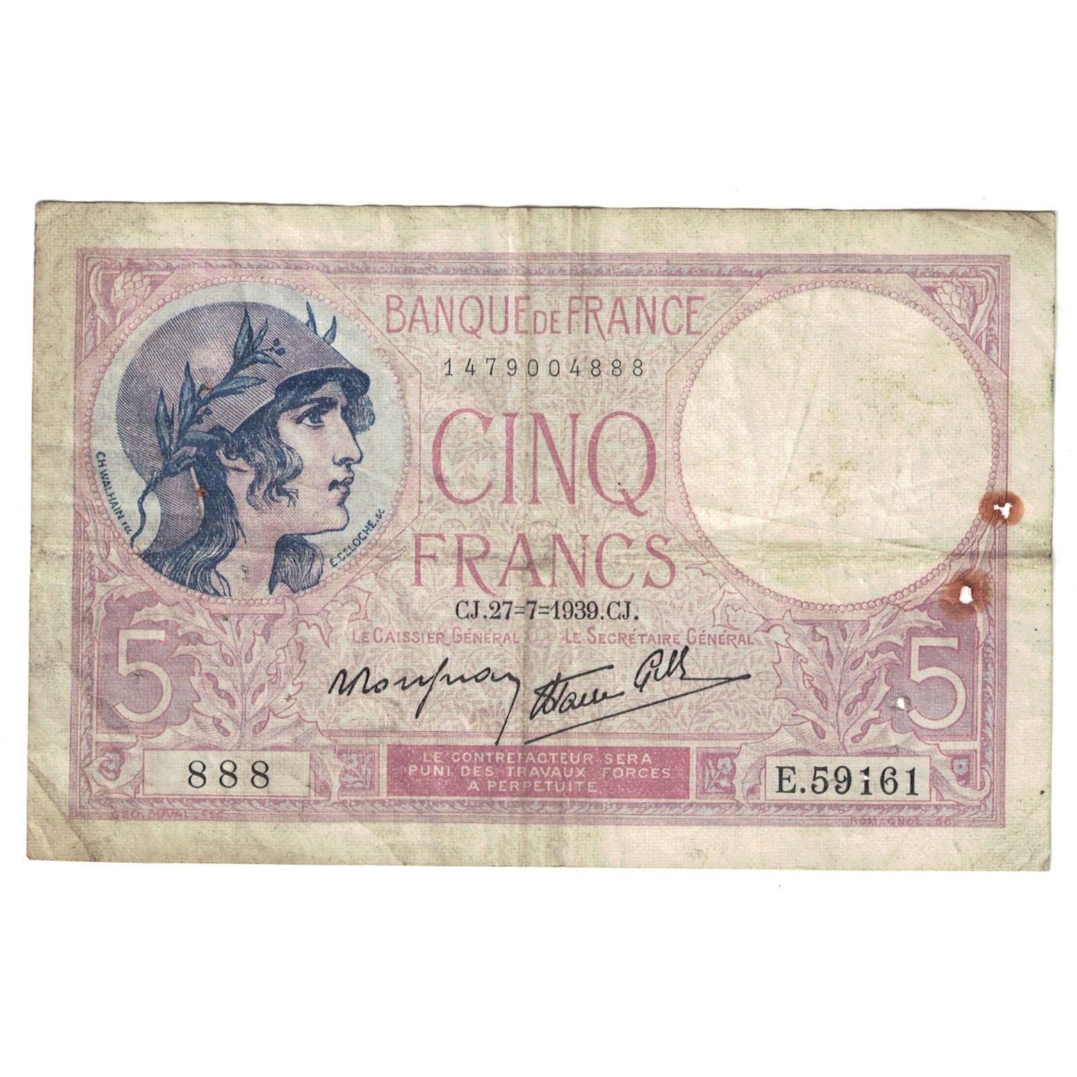France, 5 Francs, Violet, 1939, 1939-07-27, TB, Fayette:4.3, KM:83