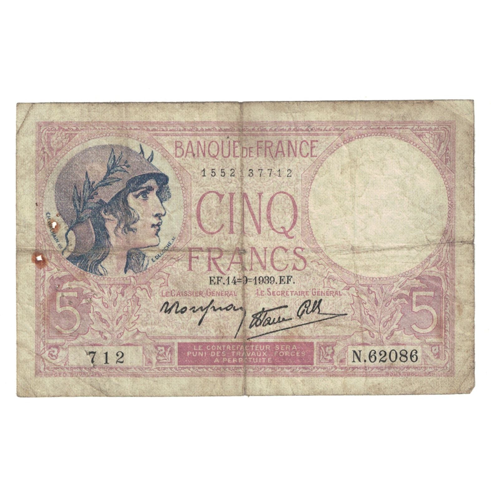 Francia, 5 Francs, Violet, 1939, 1939-09-14, RC+, Fayette:4.8, KM:83