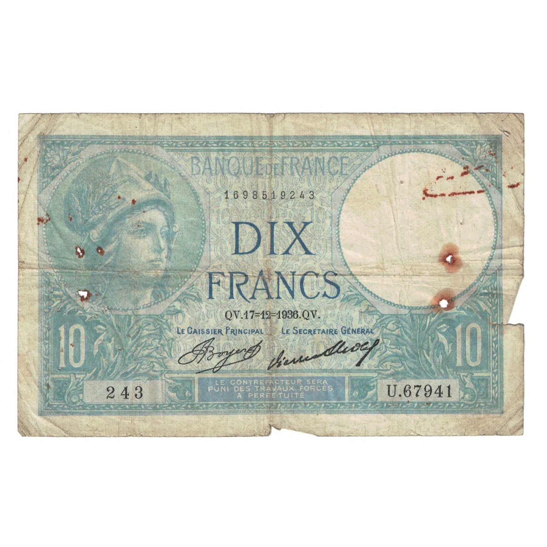 França, 10 Francs, Minerve, 1936, 1936-12-17, F(12-15), Fayette:6.17, KM:73e