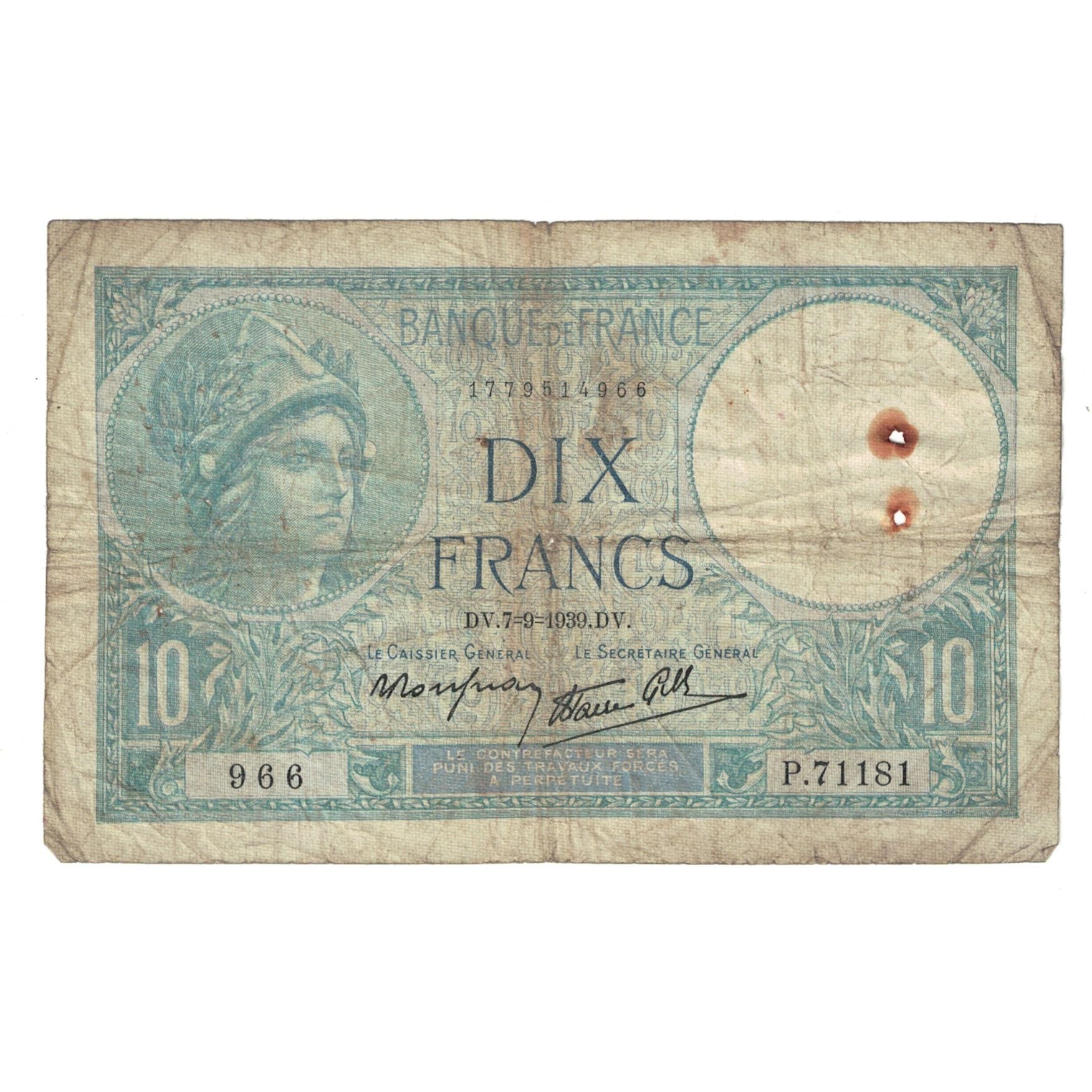 França, 10 Francs, Minerve, 1939, 1939-09-07, VG(8-10), Fayette:07.06, KM:84