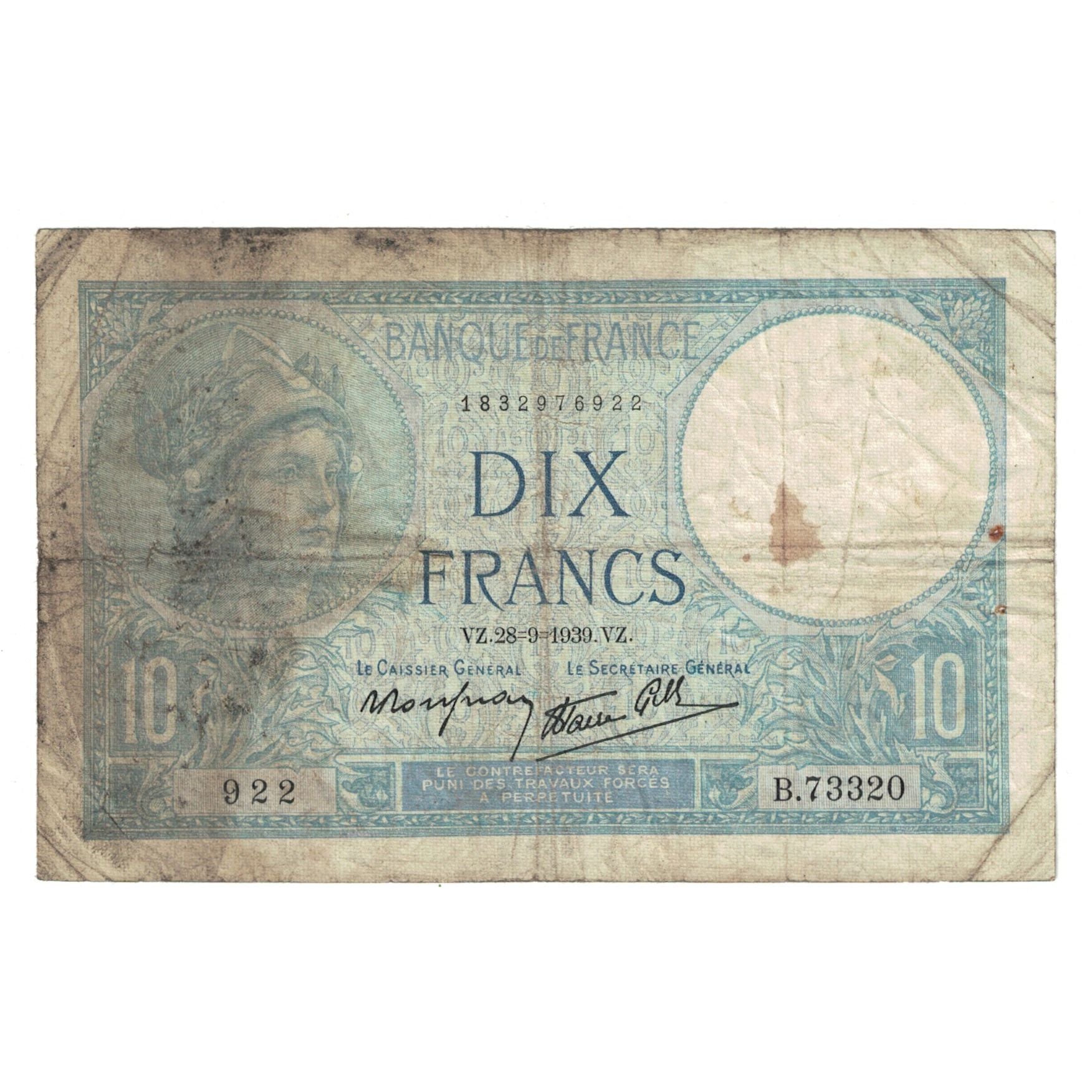 Francia, 10 Francs, Minerve, 1939, 1939-09-28, MB, Fayette:7.9, KM:84