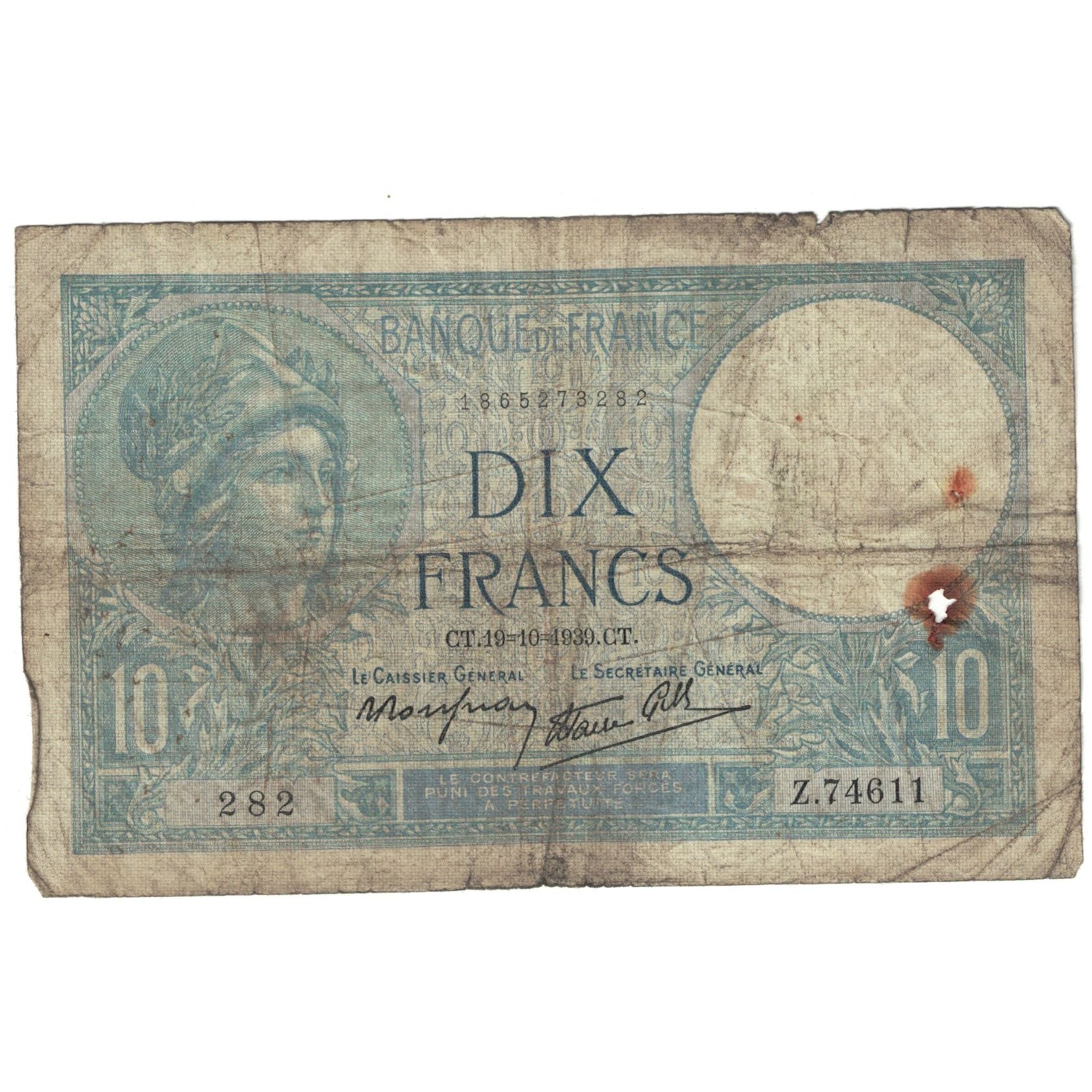 France, 10 Francs, Minerve, 1939, 1939-10-19, B, Fayette:07.12, KM:84
