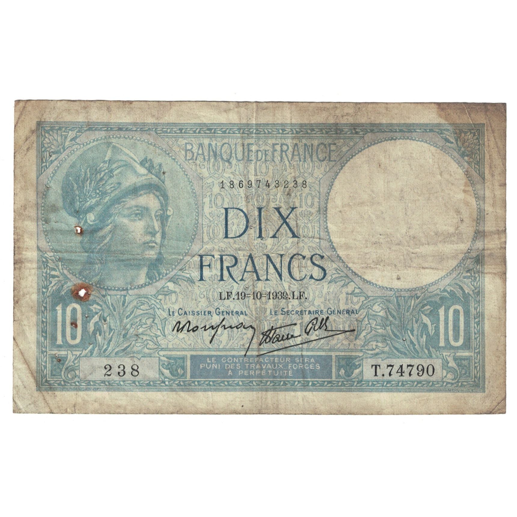 France, 10 Francs, Minerve, 1939, 1939-10-19, TB, Fayette:07.12, KM:84